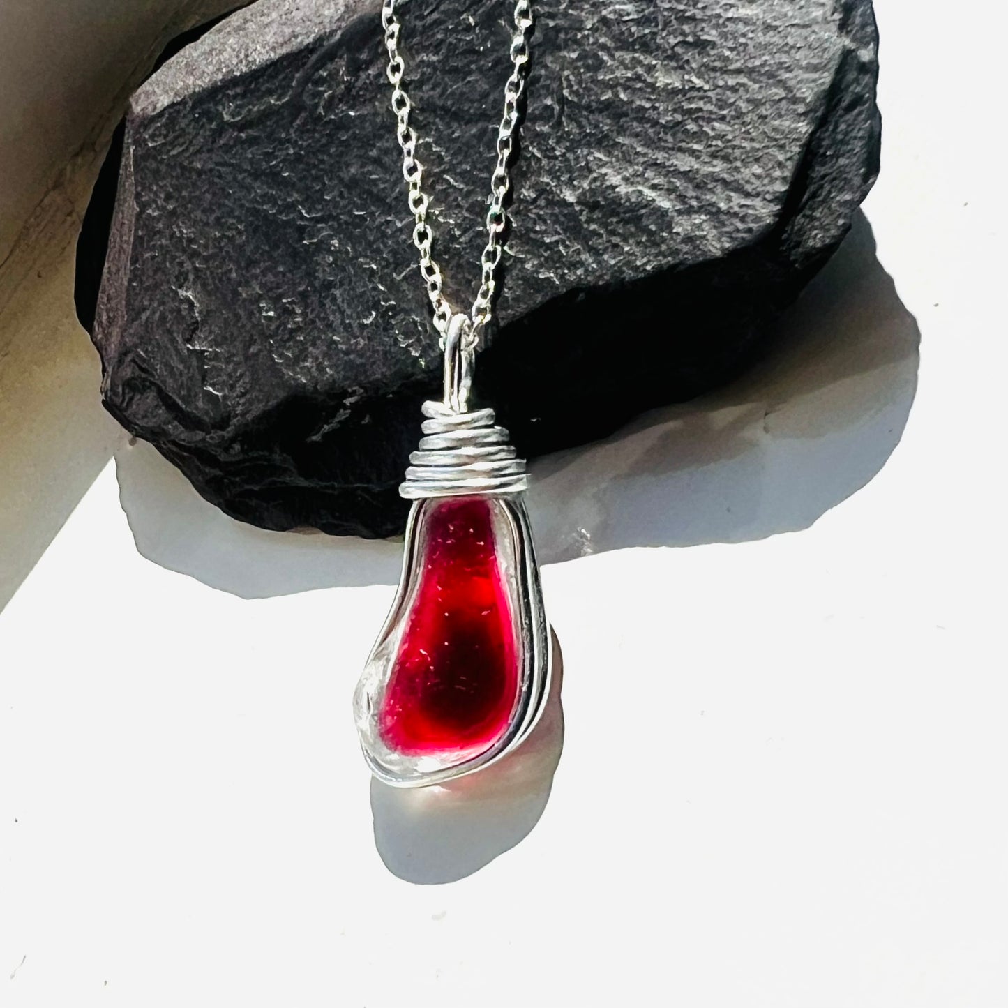 Rare Large Deep Pink/Red Seaham Sea Glass Multi Tone Pendant .