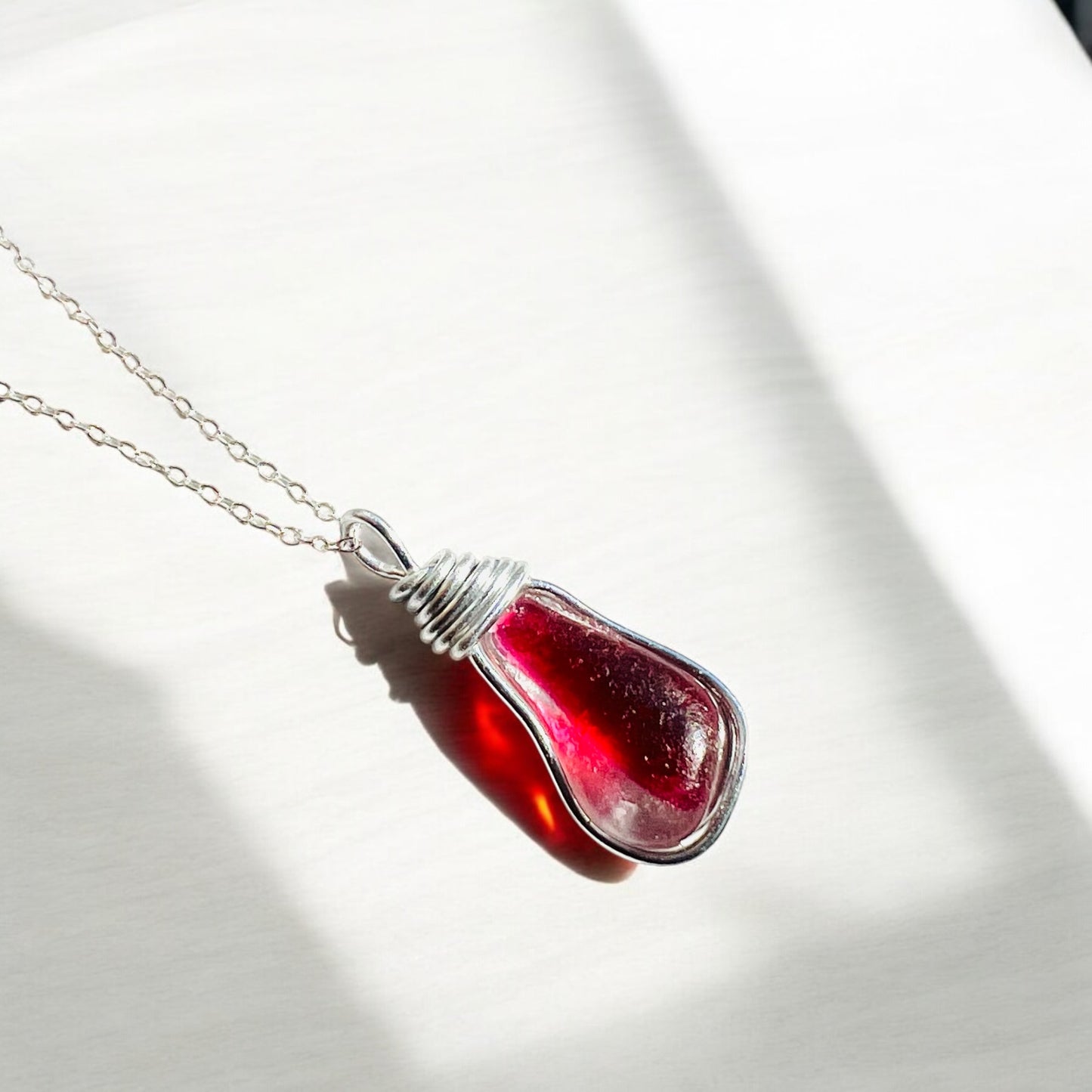 Rare Large Deep Pink/Red Seaham Sea Glass Multi Tone Pendant .
