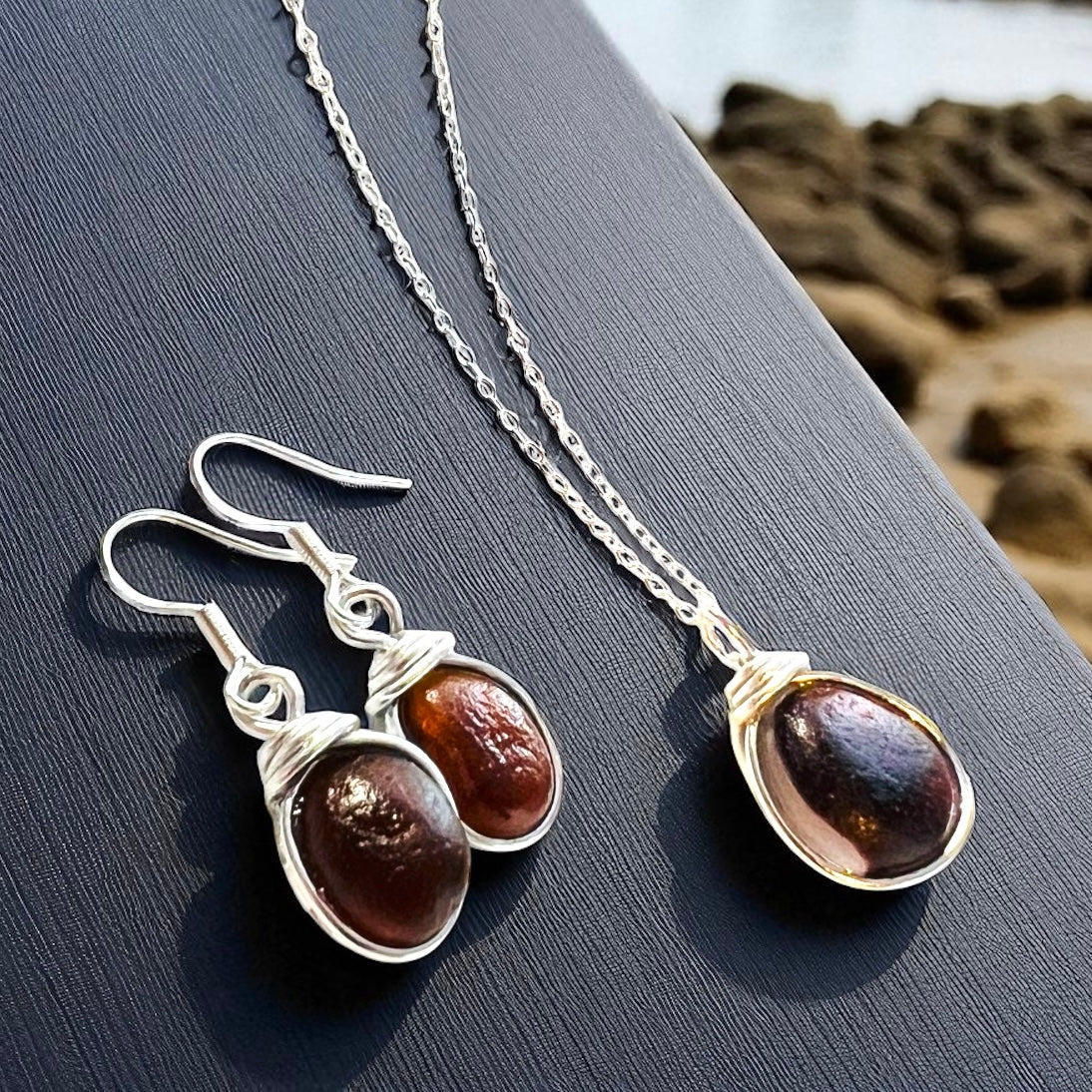 Brown Seaham Sea Glass Jewellery Set