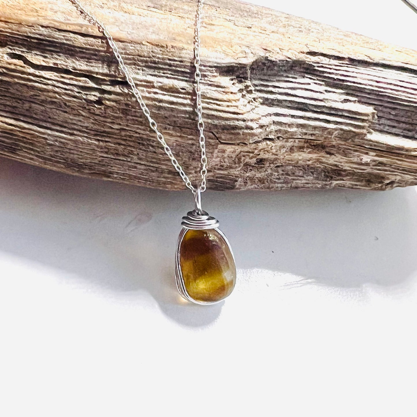 Yellow and Brown Seaham Sea Glass Pendant on a 20” Sterling Silver Chain .
