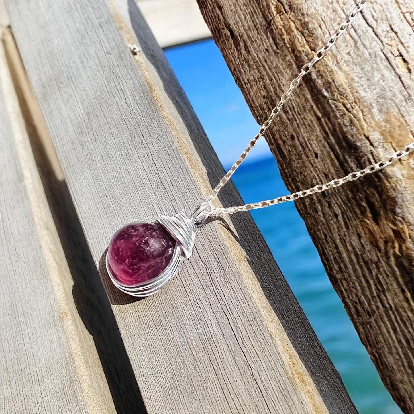Rare Plum Purple Seaham Sea Glass Pendant .