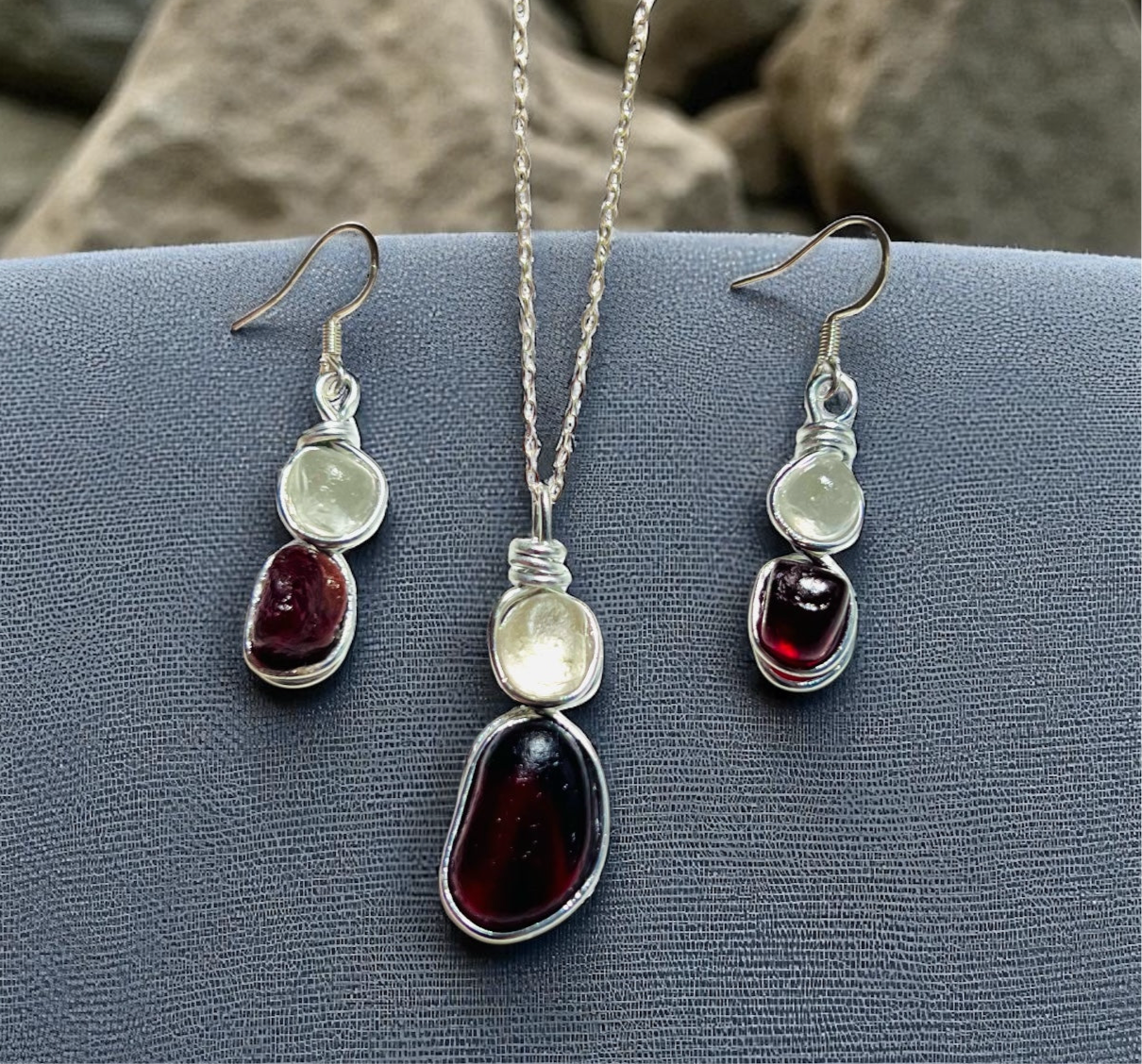 Burgundy Red and White Seaham Sea Glass Jewellery Set