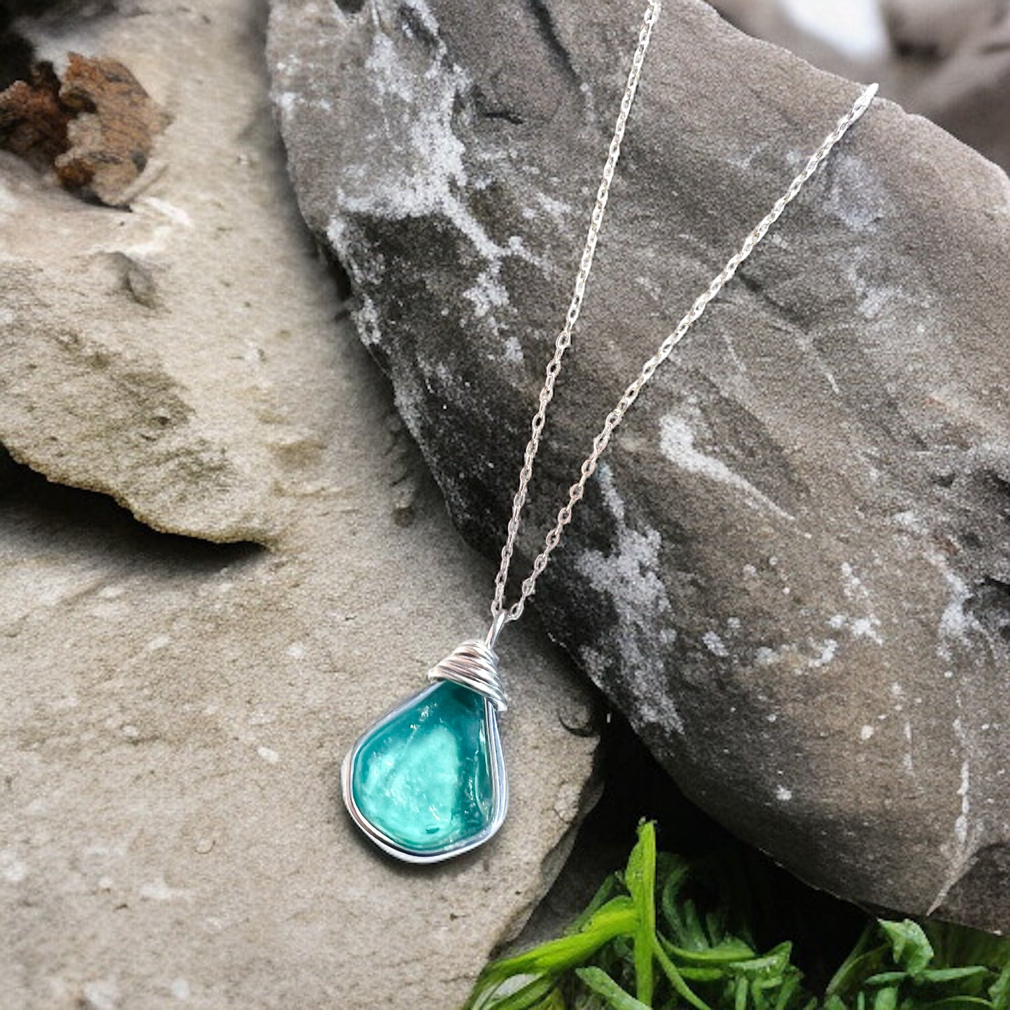 Aqua Blue Seaham Sea Glass Pendant