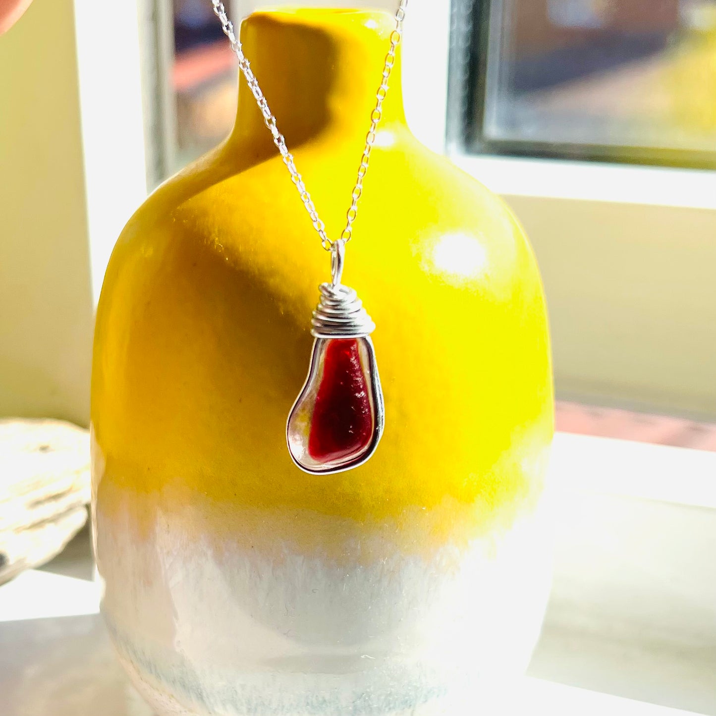 Rare Large Deep Pink/Red Seaham Sea Glass Multi Tone Pendant .