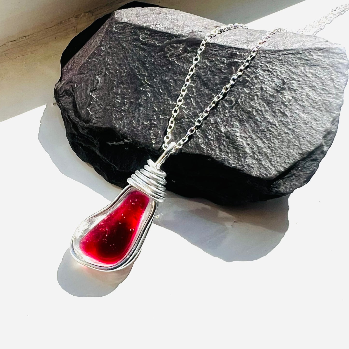 Rare Large Deep Pink/Red Seaham Sea Glass Multi Tone Pendant .