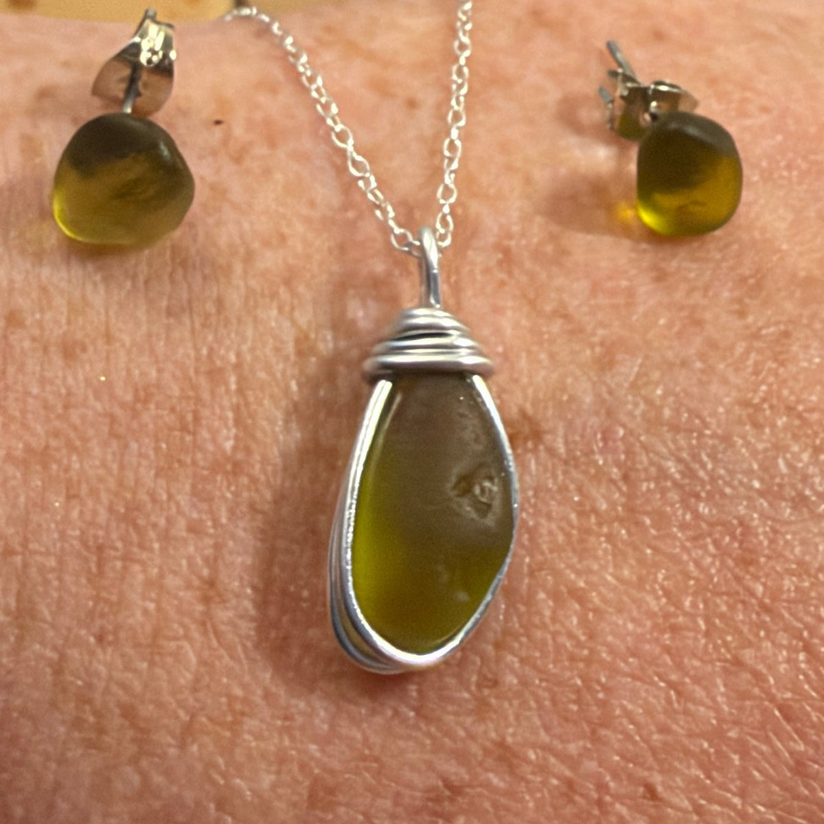 Olive Green Seaham Sea Glass Jewellery Set