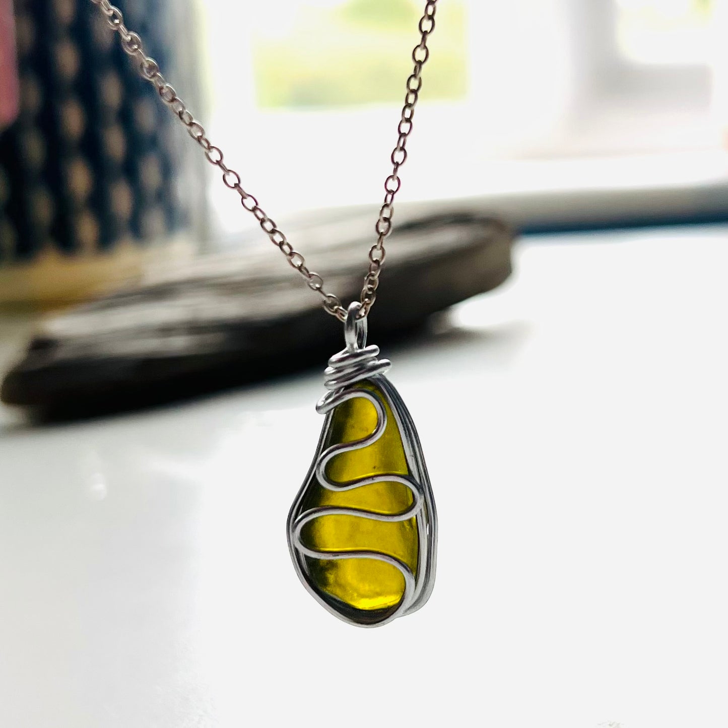 Olive Green Waves Seaham Sea Glass Pendant