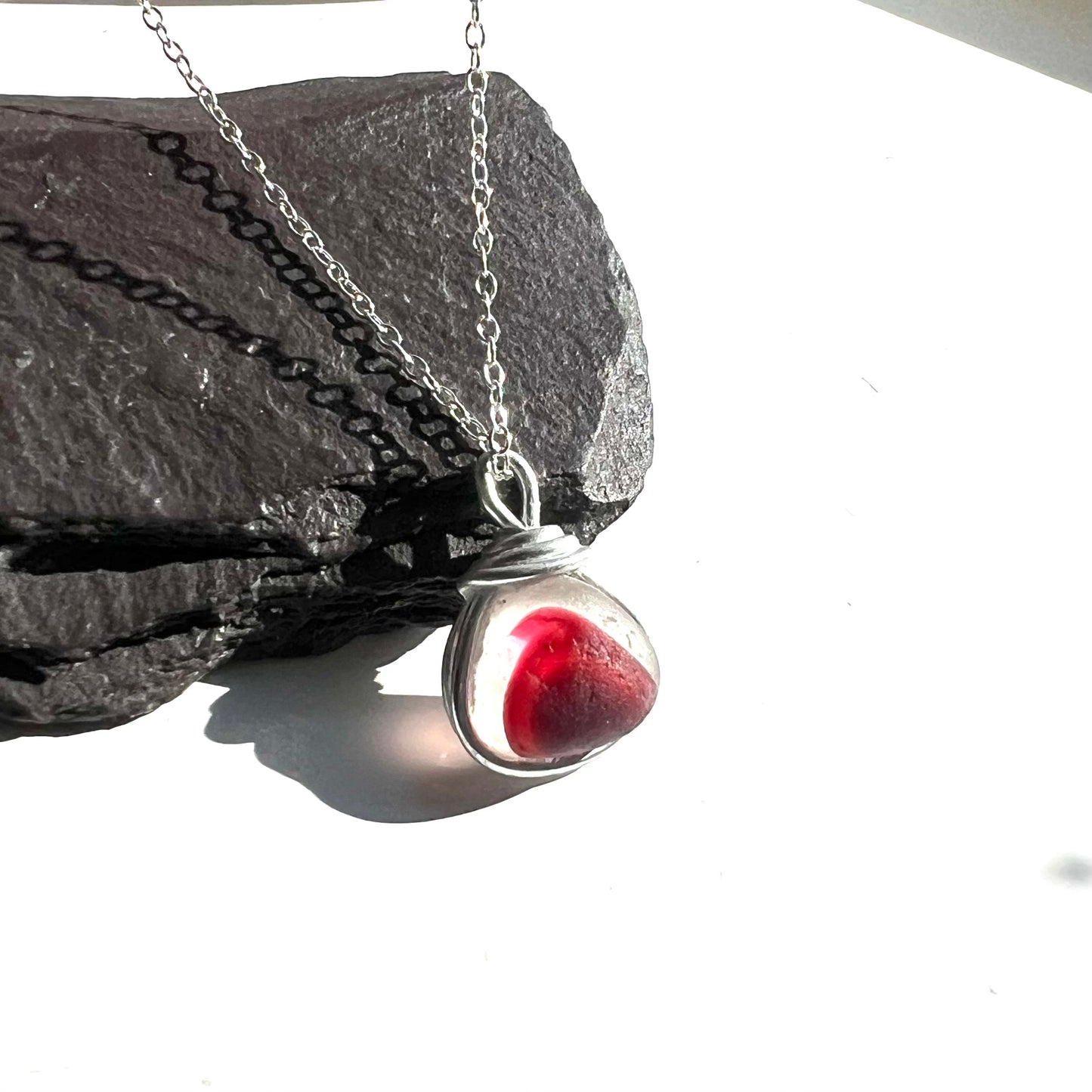 Rare Red Seaham Sea Glass Multi Tone Pendant .