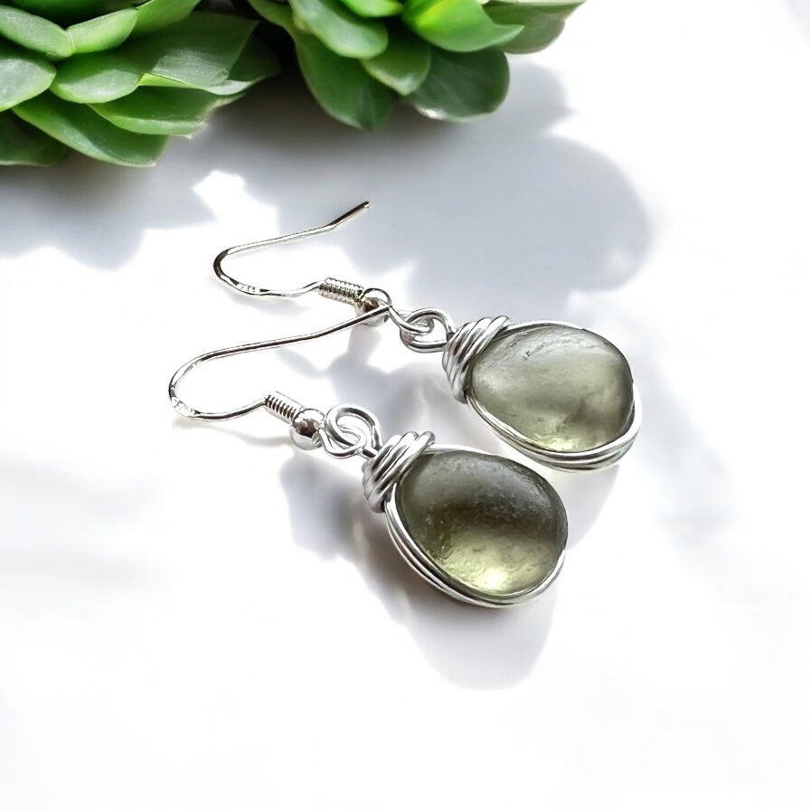 Dangly Pale Dusky Green Seaham Sea Glass Earrings