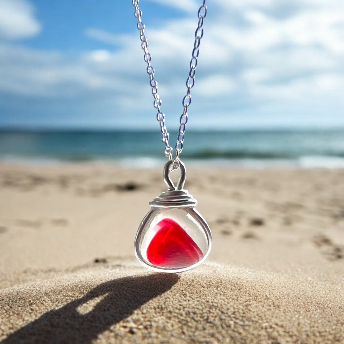 Rare Red Seaham Sea Glass Multi Tone Pendant .