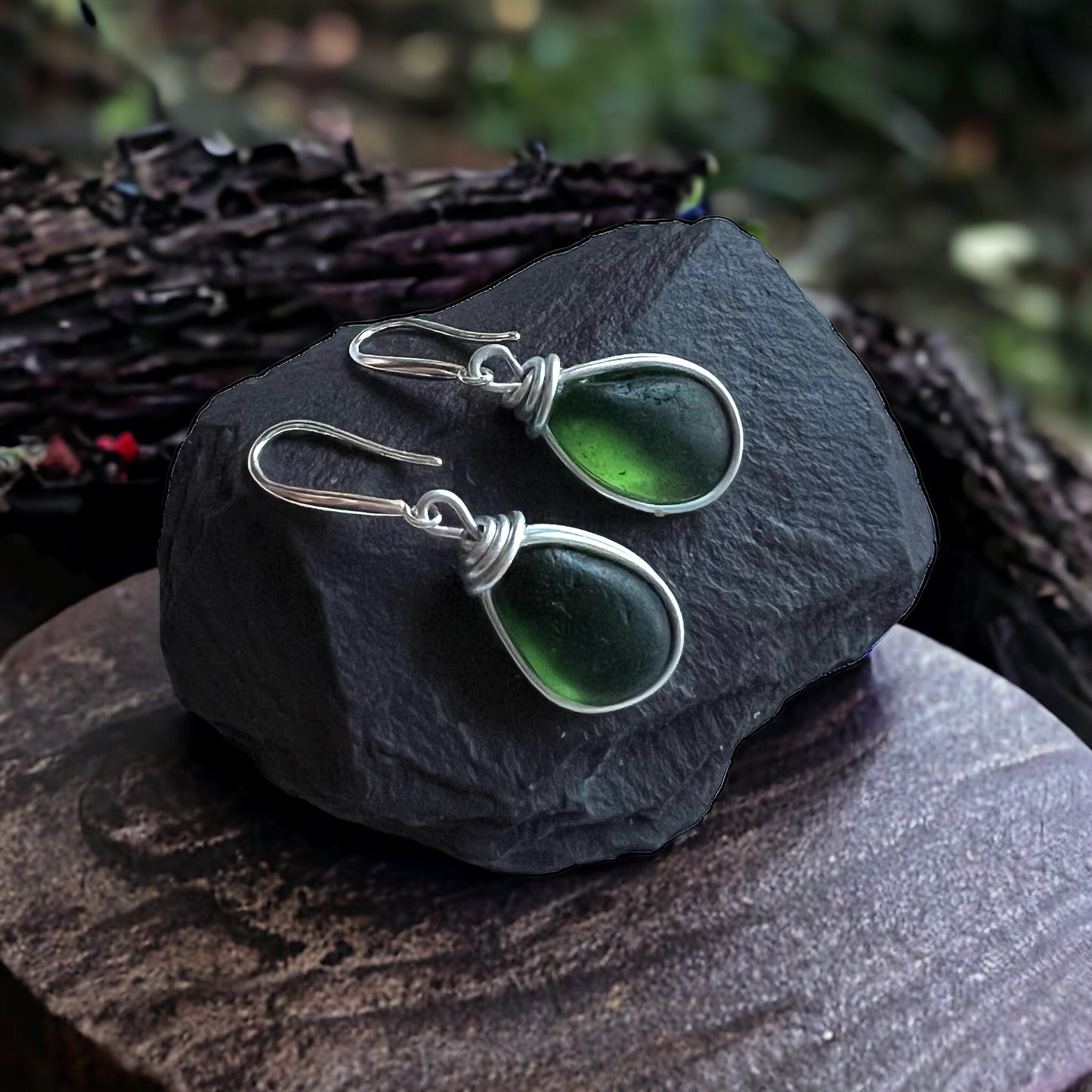 Dark Green Cornish Sea Glass Earrings