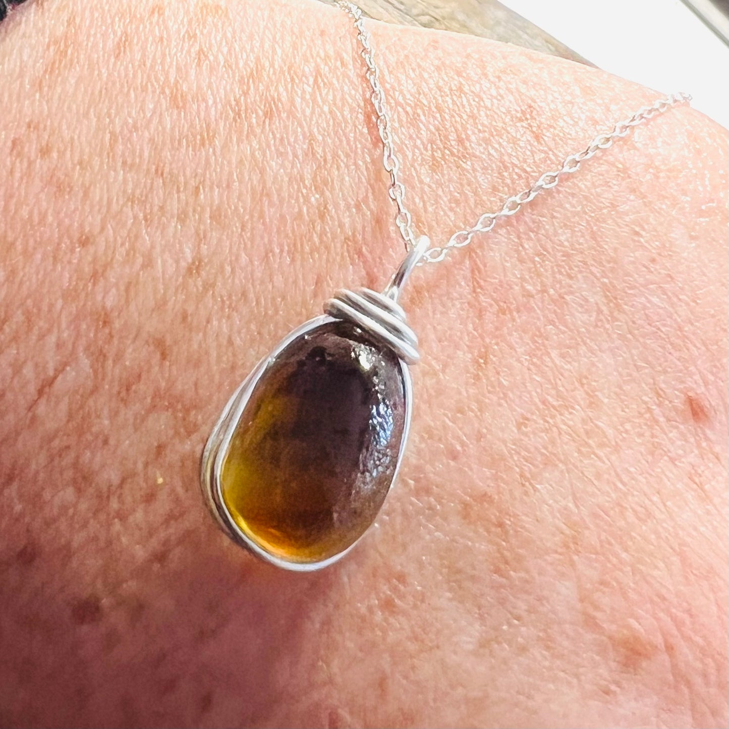 Yellow and Brown Seaham Sea Glass Pendant on a 20” Sterling Silver Chain .