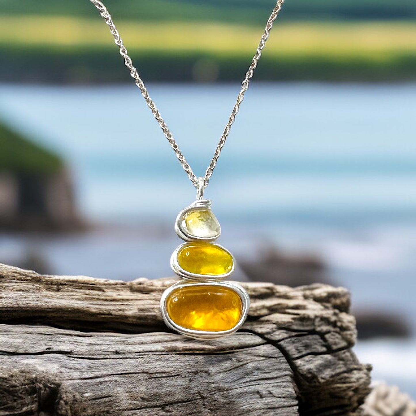 Rare Yellow Three Piece Seaham Sea Glass Pendant
