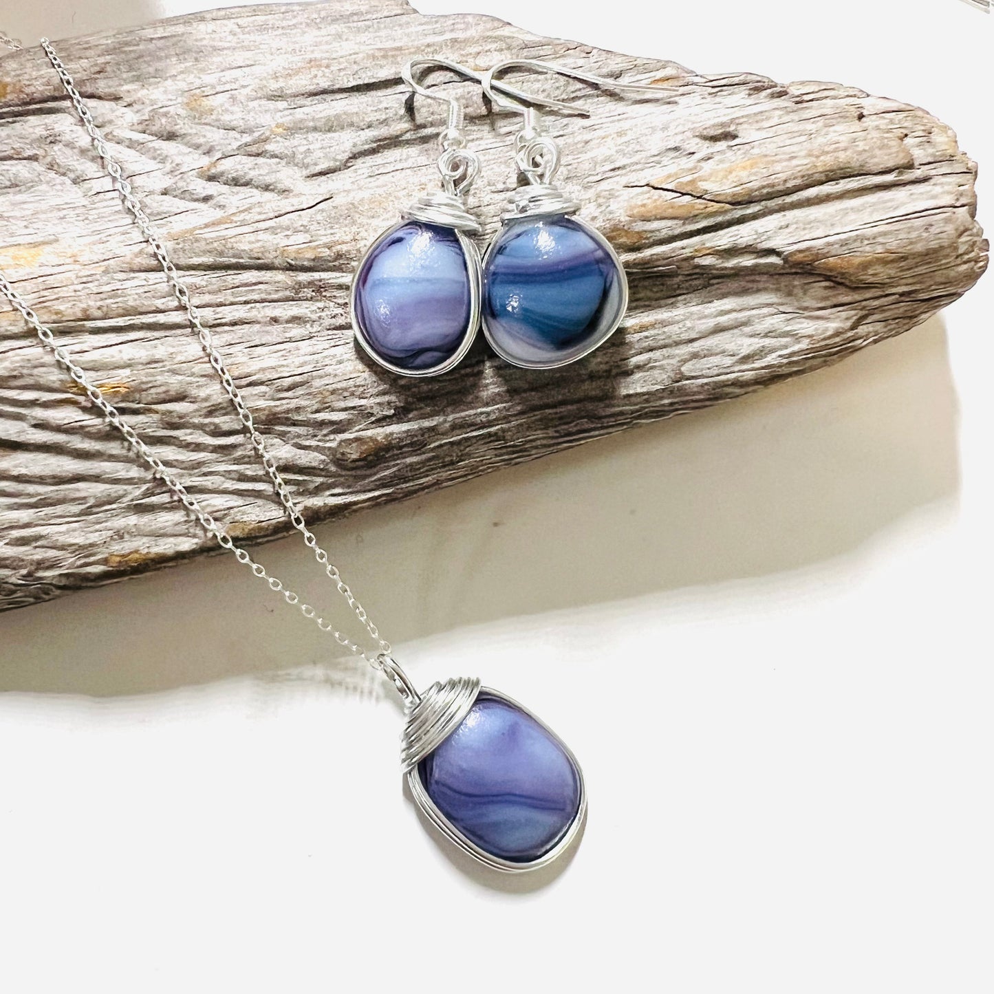 Lilac Purple Milky Sea Glass Multi Tone Jewellery Set