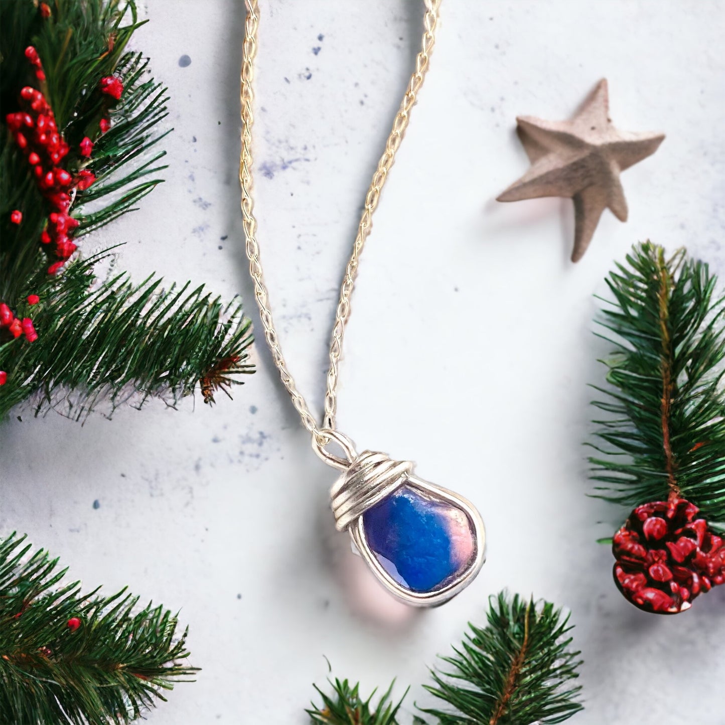 Pink and Blue Seaham Sea Glass Multicolour Pendant