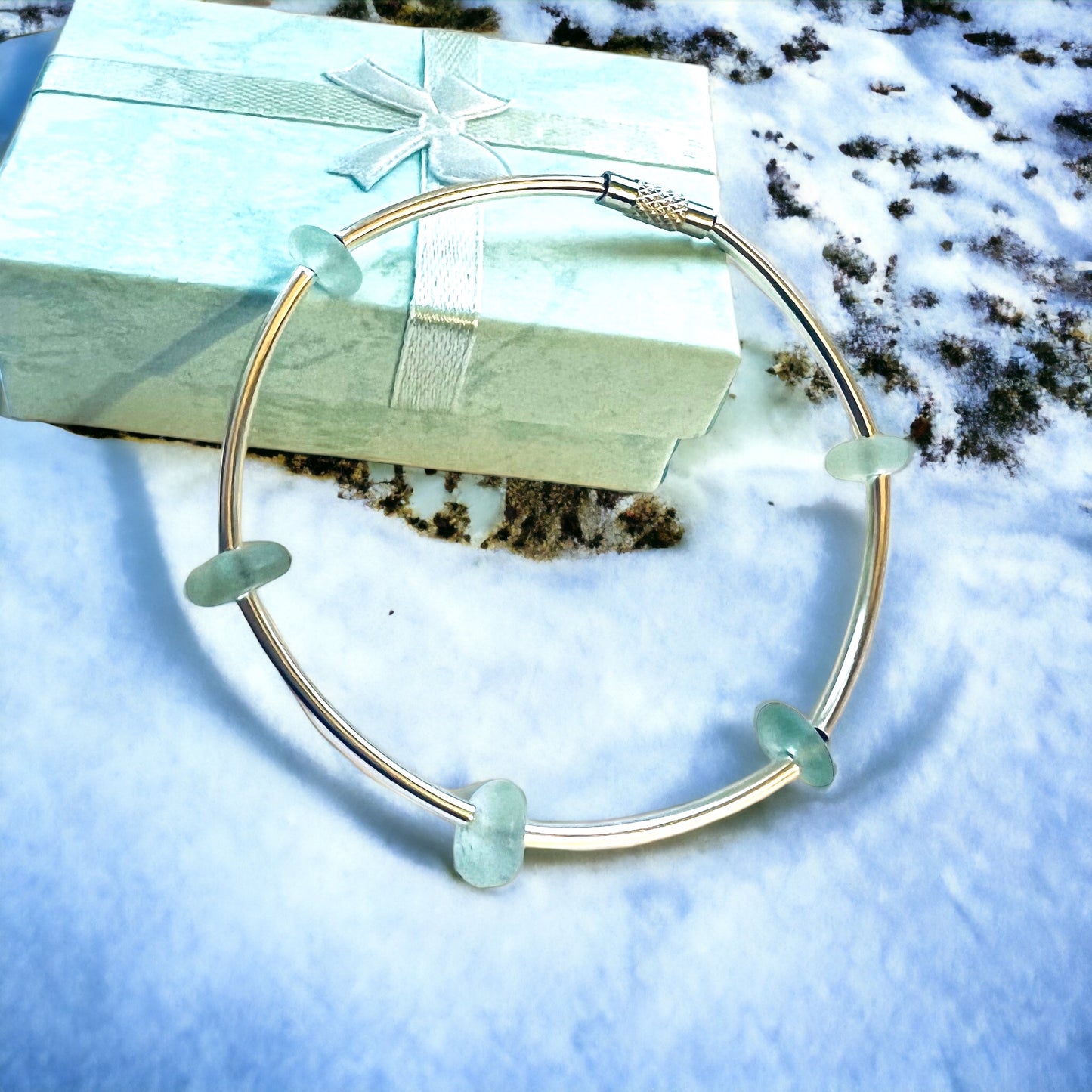 Aqua Sea Glass Bangle Bracelet