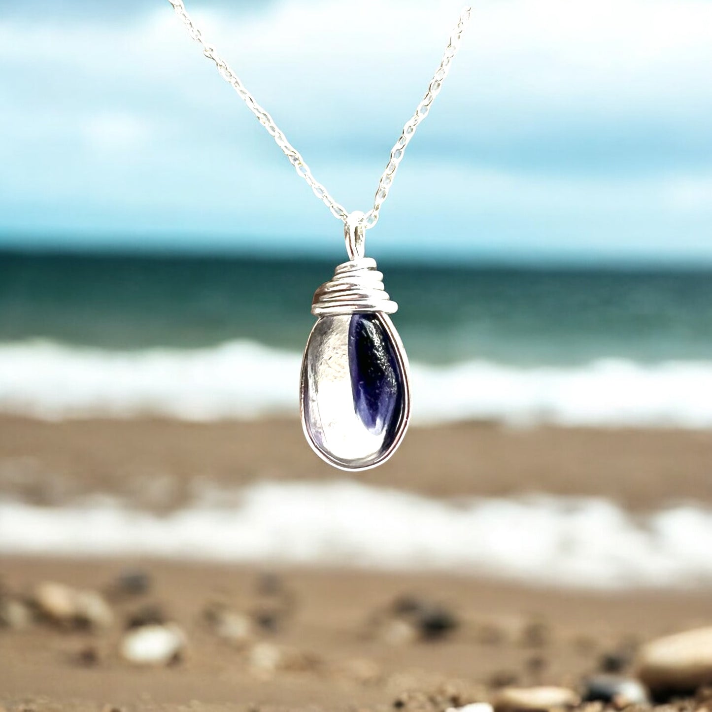 Indigo Purple and White Seaham Sea Glass Multi Pendant