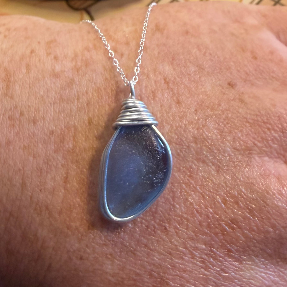 Large Mid Blue Seaham Sea Glass Pendant