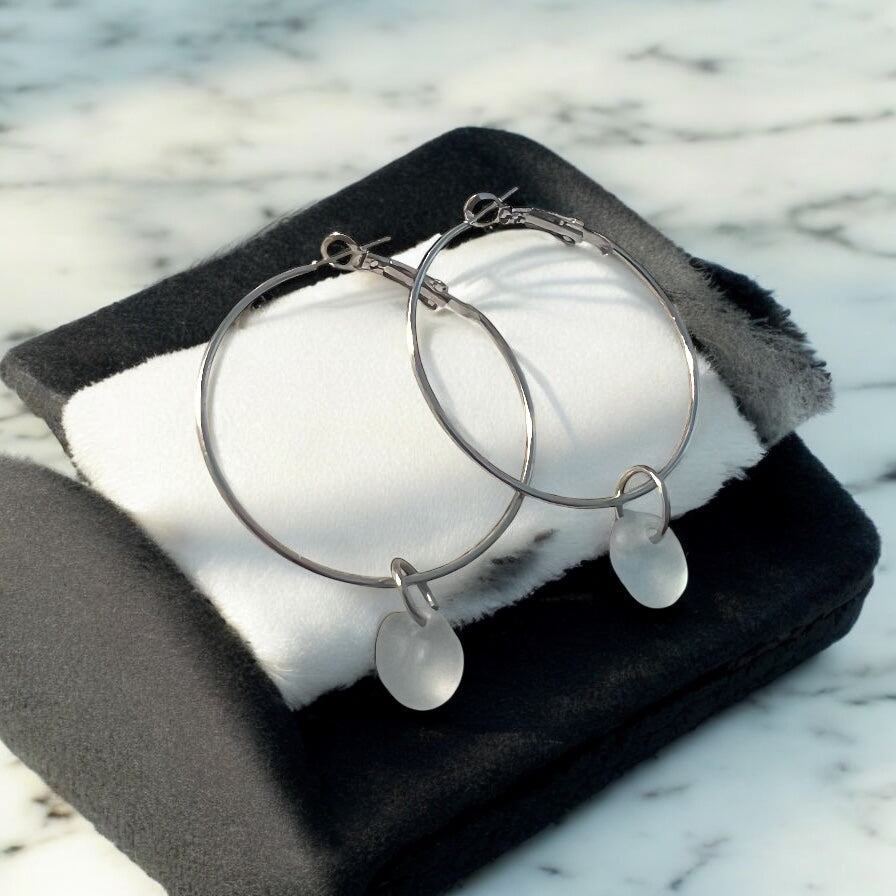 Pale Dusky Blue/Gray Seaham Sea Glass Hoop Earrings