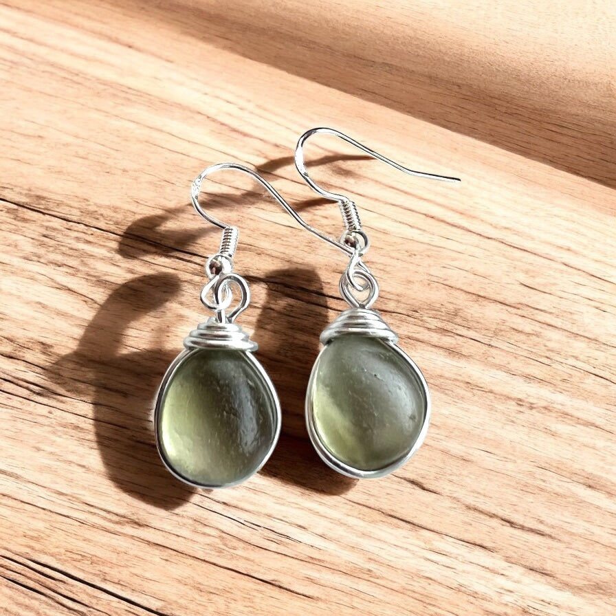 Dangly Pale Dusky Green Seaham Sea Glass Earrings