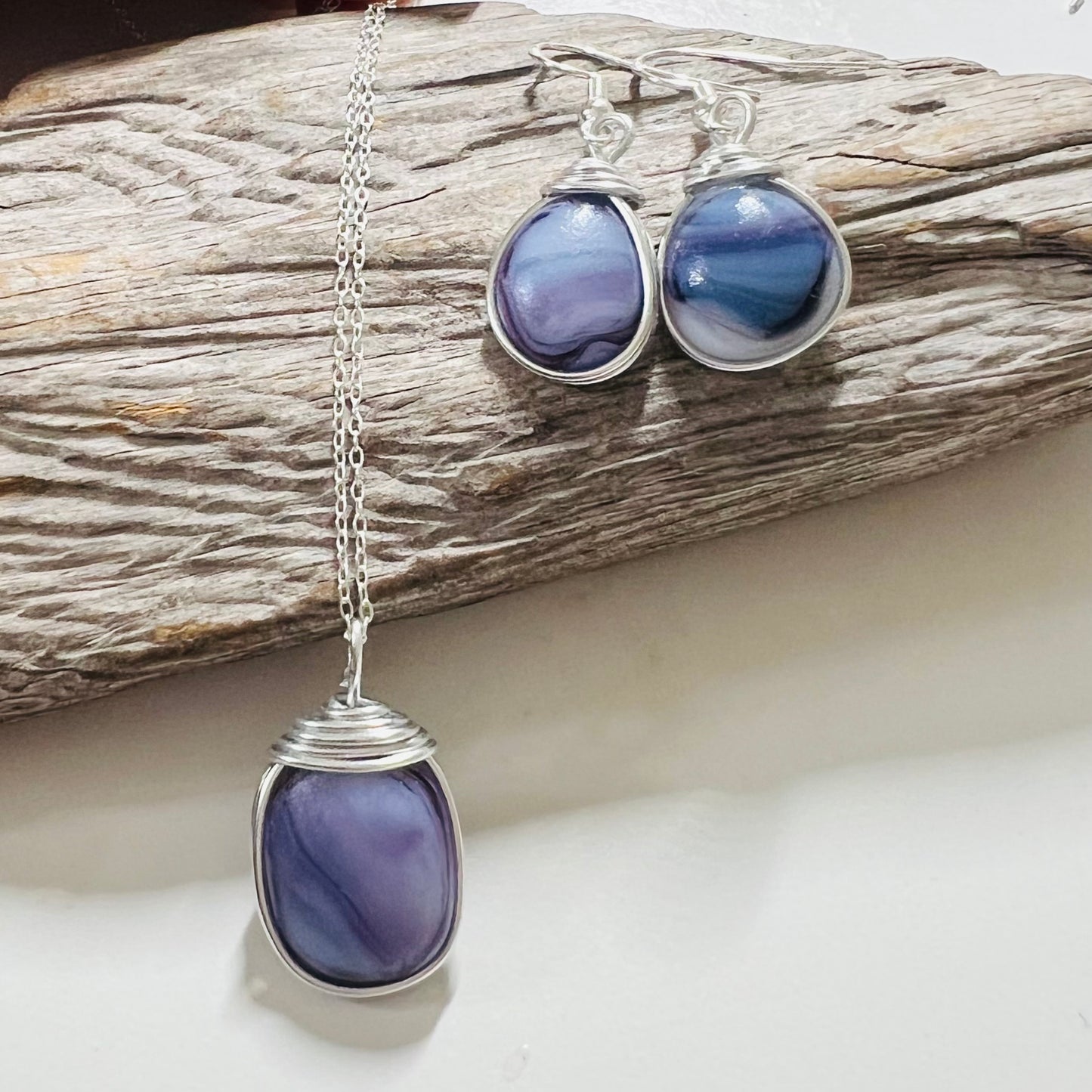 Lilac Purple Milky Sea Glass Multi Tone Jewellery Set