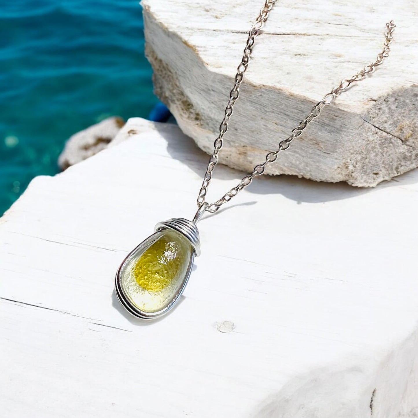 Pale Yellow and White Seaham Sea Glass Multi Pendant