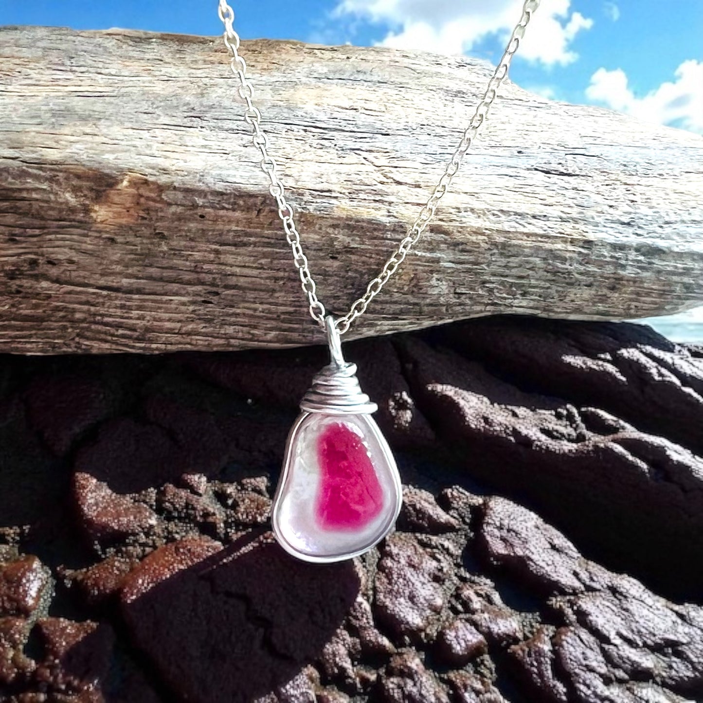 Rare Pink and White Seaham Sea Glass Multi Tone Pendant .