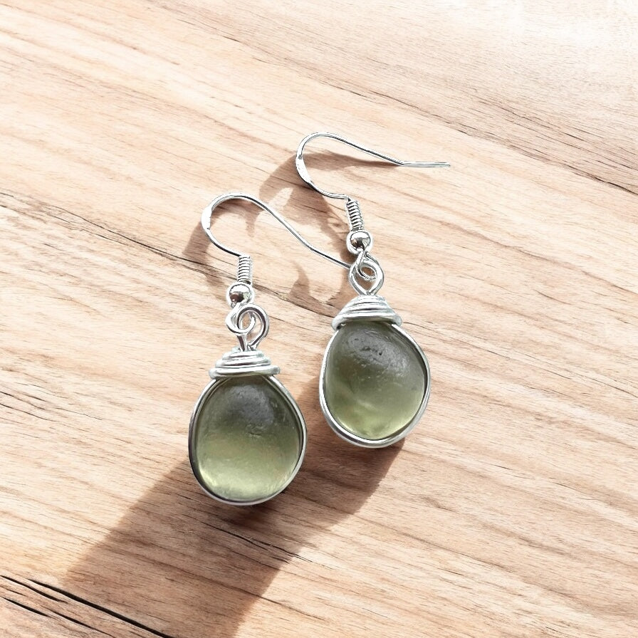 Dangly Pale Dusky Green Seaham Sea Glass Earrings
