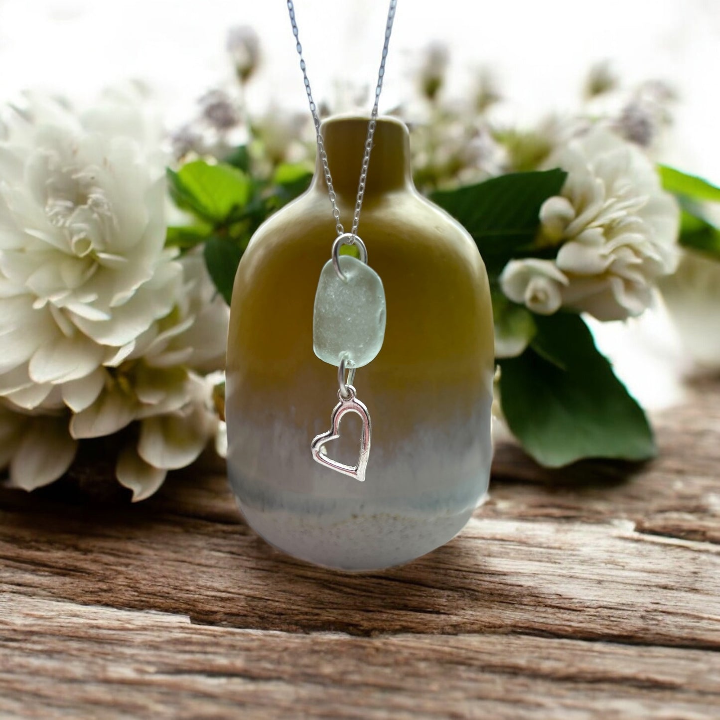 Cornish Sea Glass & Heart Charm Pendant