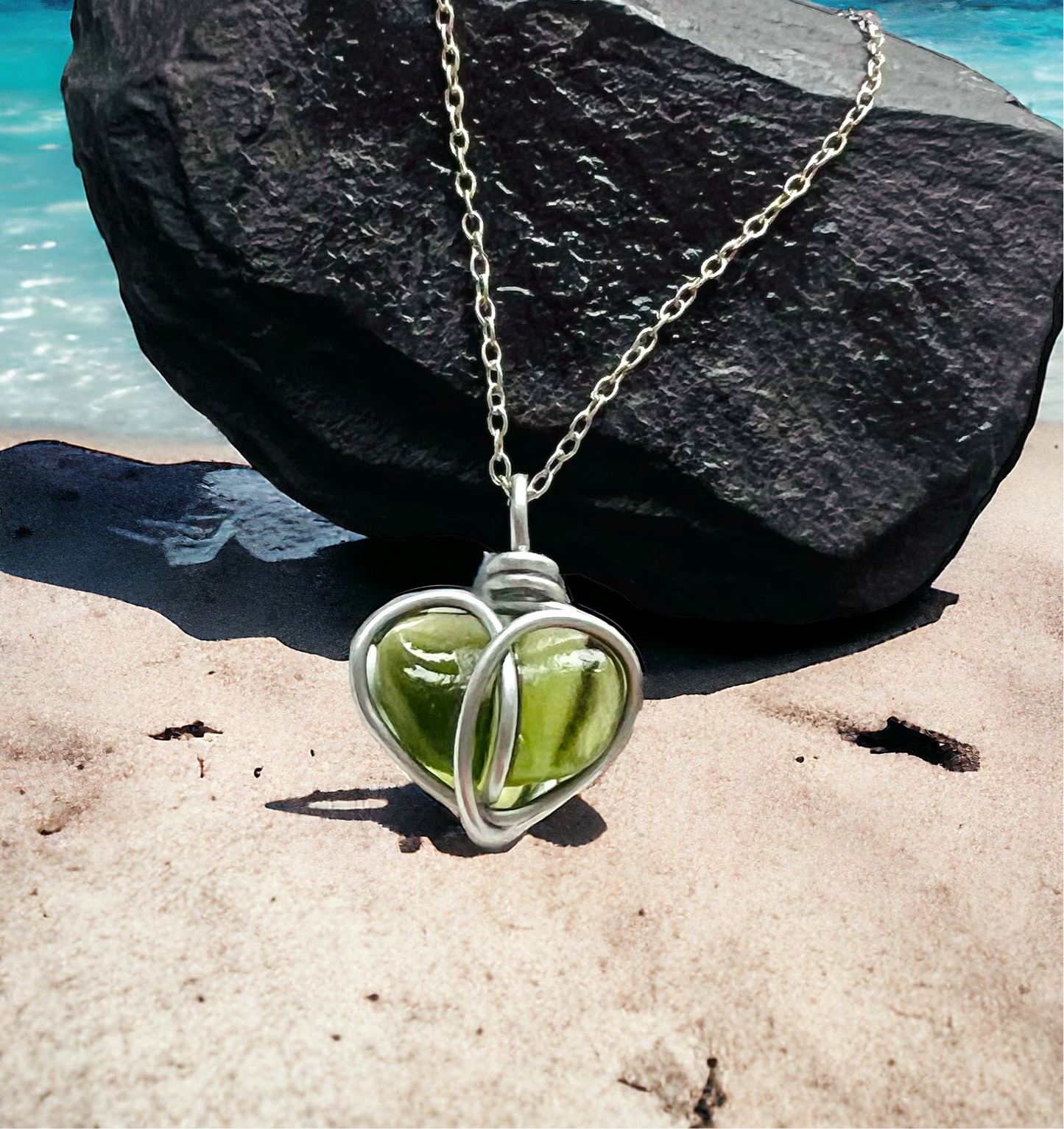 Cornish Sea Glass Green Heart Pendant