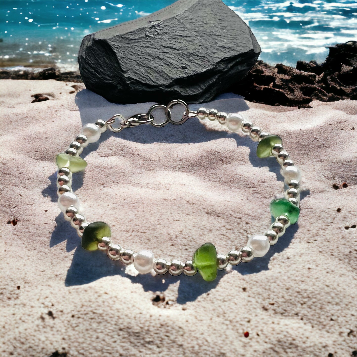 Seaham Sea Glass and Glass Pearl Bracelet