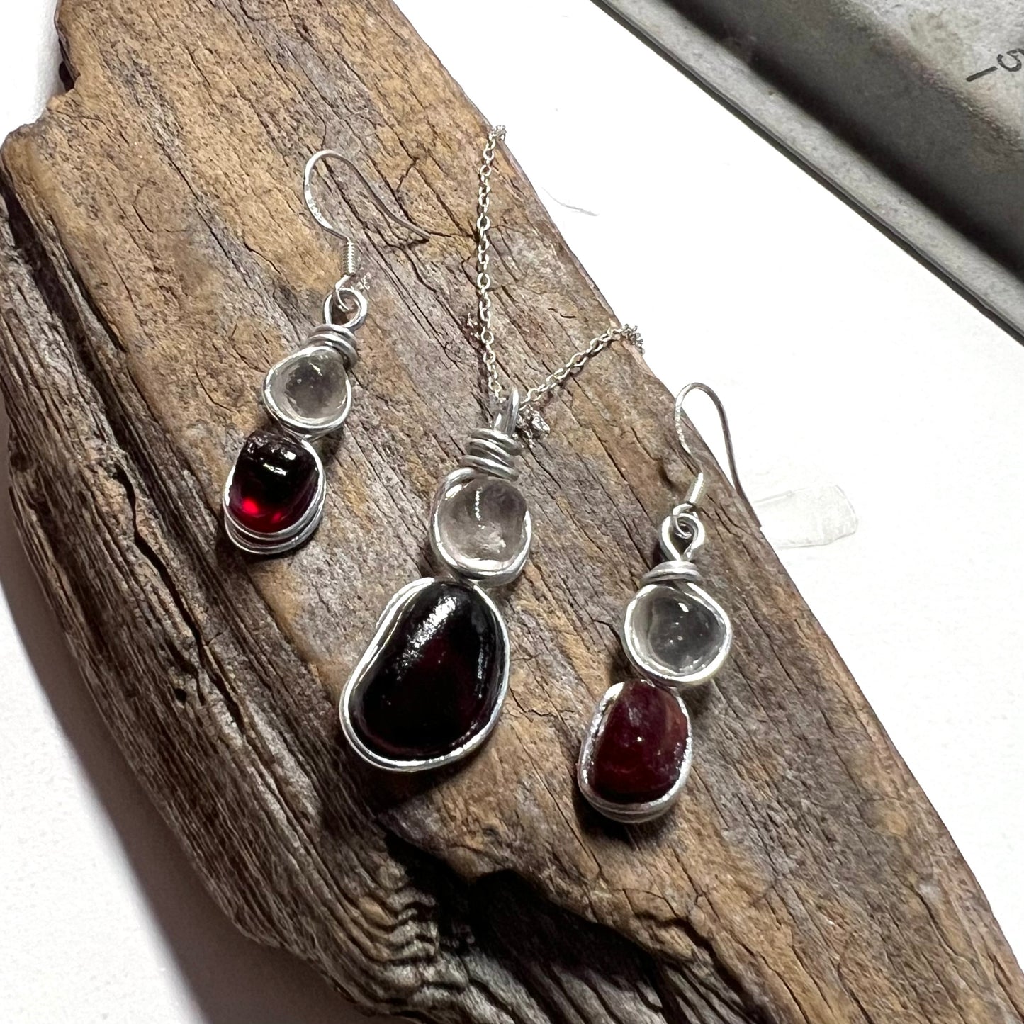 Burgundy Red and White Seaham Sea Glass Jewellery Set