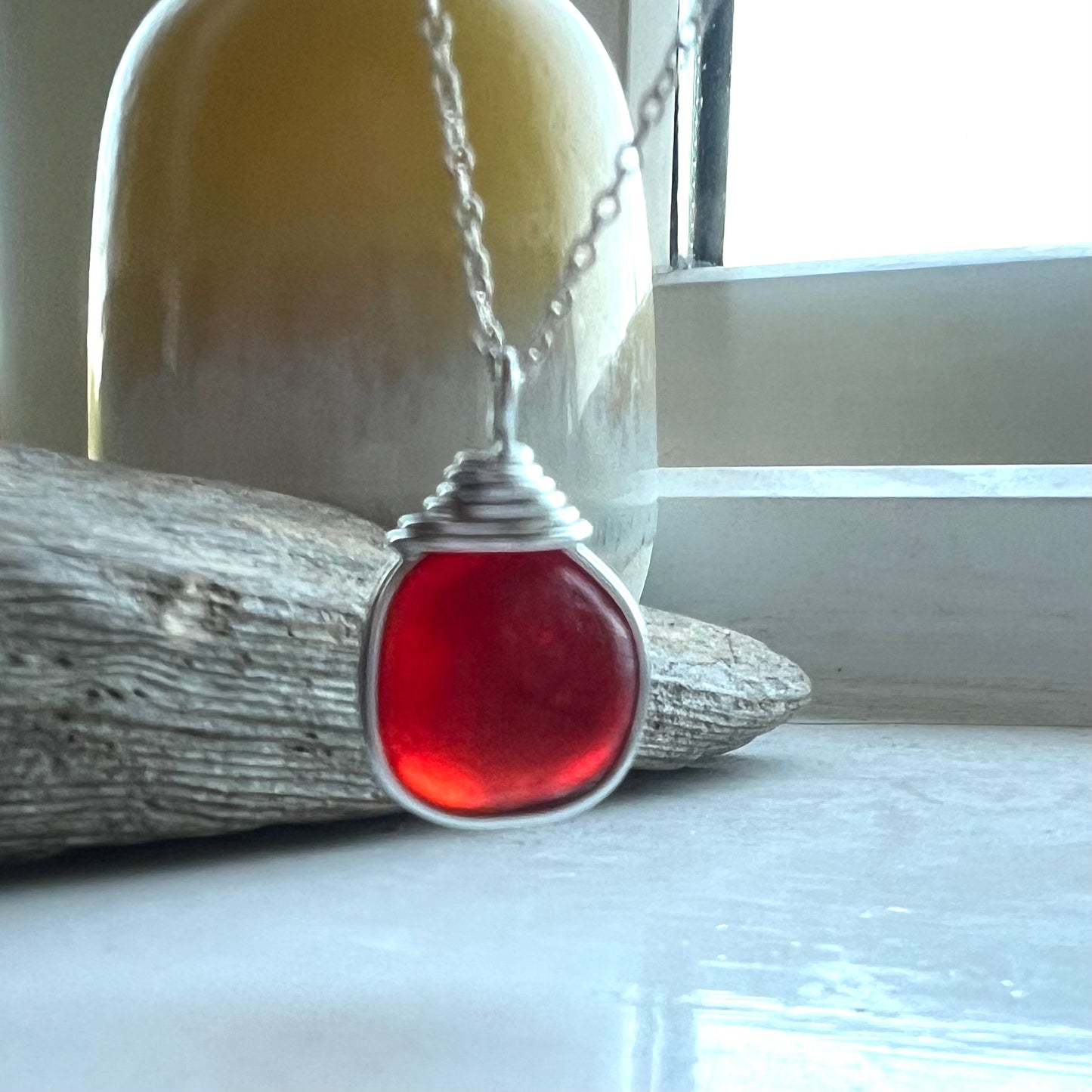 Large Very Rare Red and Orange Seaham Sea Glass Pendant