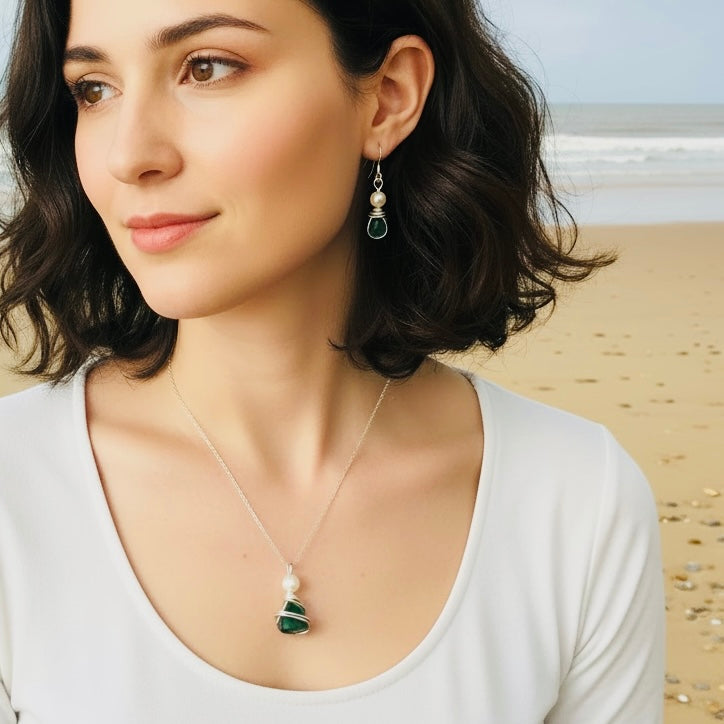 Turquoise Green Seaham Sea Glass Jewellery Set
