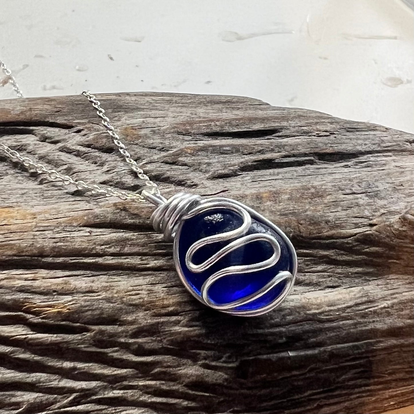 Cobalt Blue Seaham Sea Glass Waves Pendant