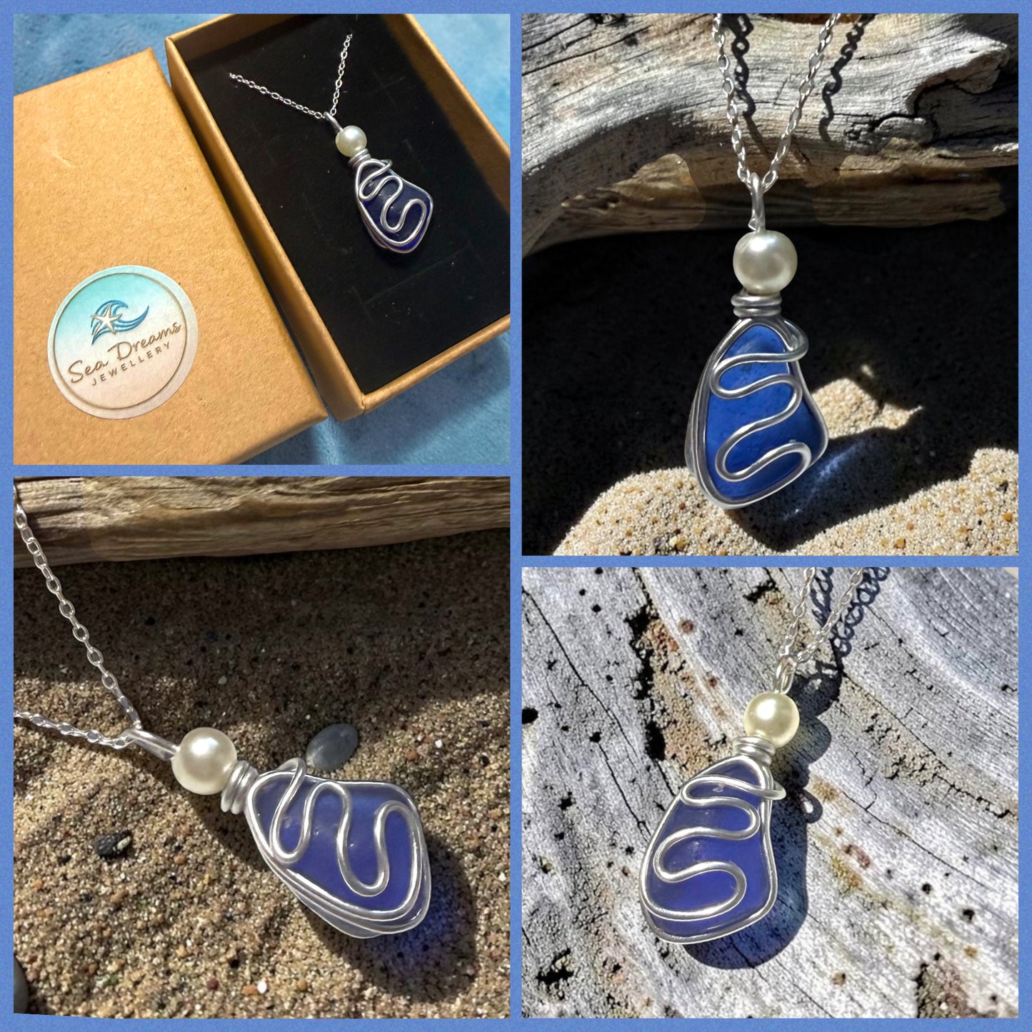 Blue Seaham Sea Glass Waves Glass Pendant