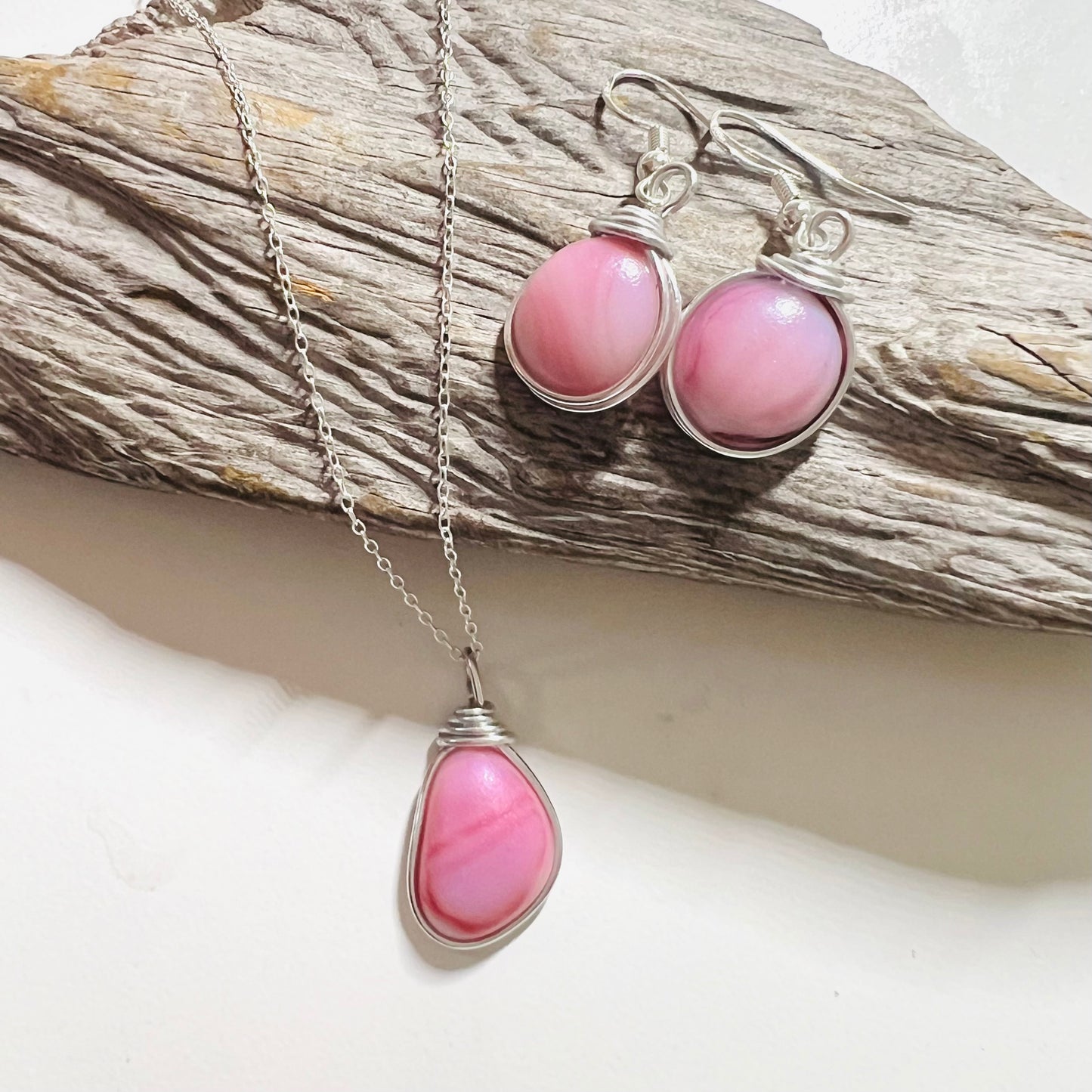 Pale Pink Milky Sea Glass Multi Tone Jewellery Set