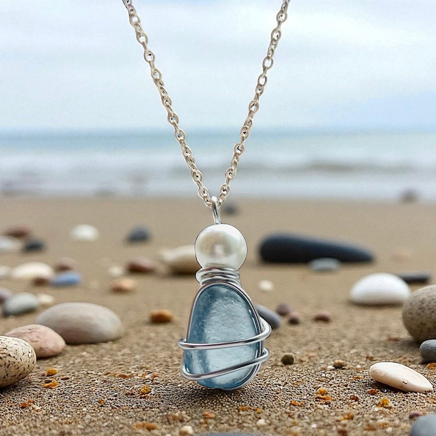 Dusky Blue Seaham Sea Glass Pendant