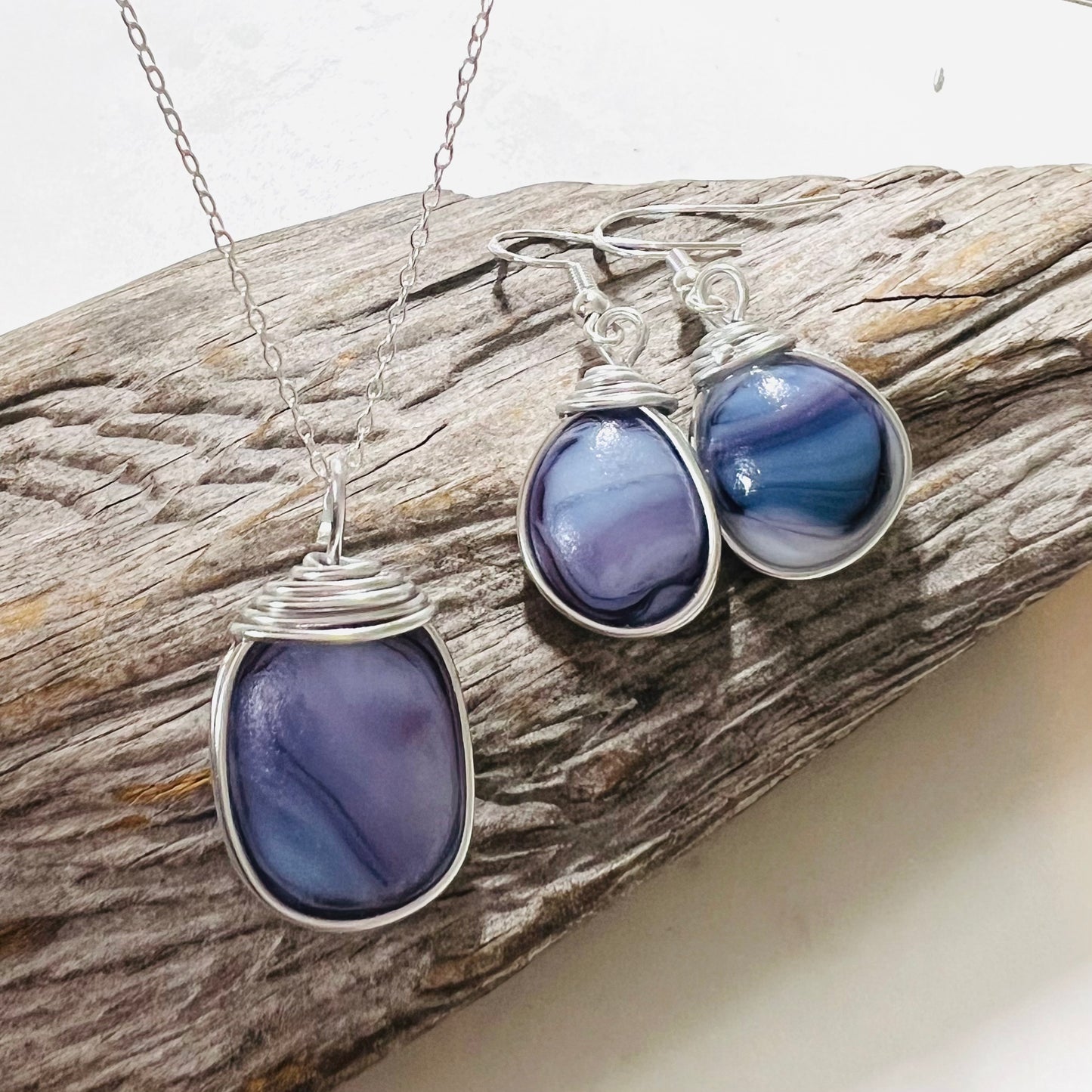 Lilac Purple Milky Sea Glass Multi Tone Jewellery Set