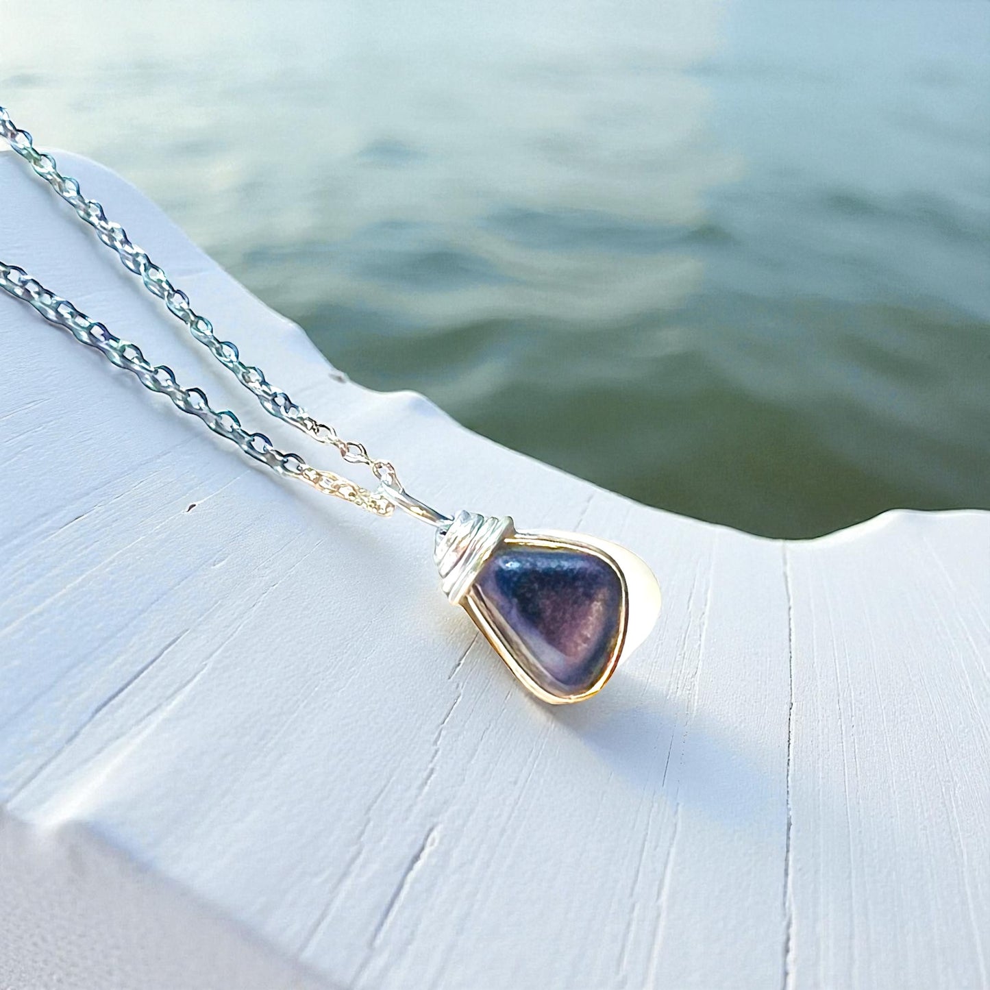 Rare Indigo Purple Small Seaham Sea Glass Multi Pendant .