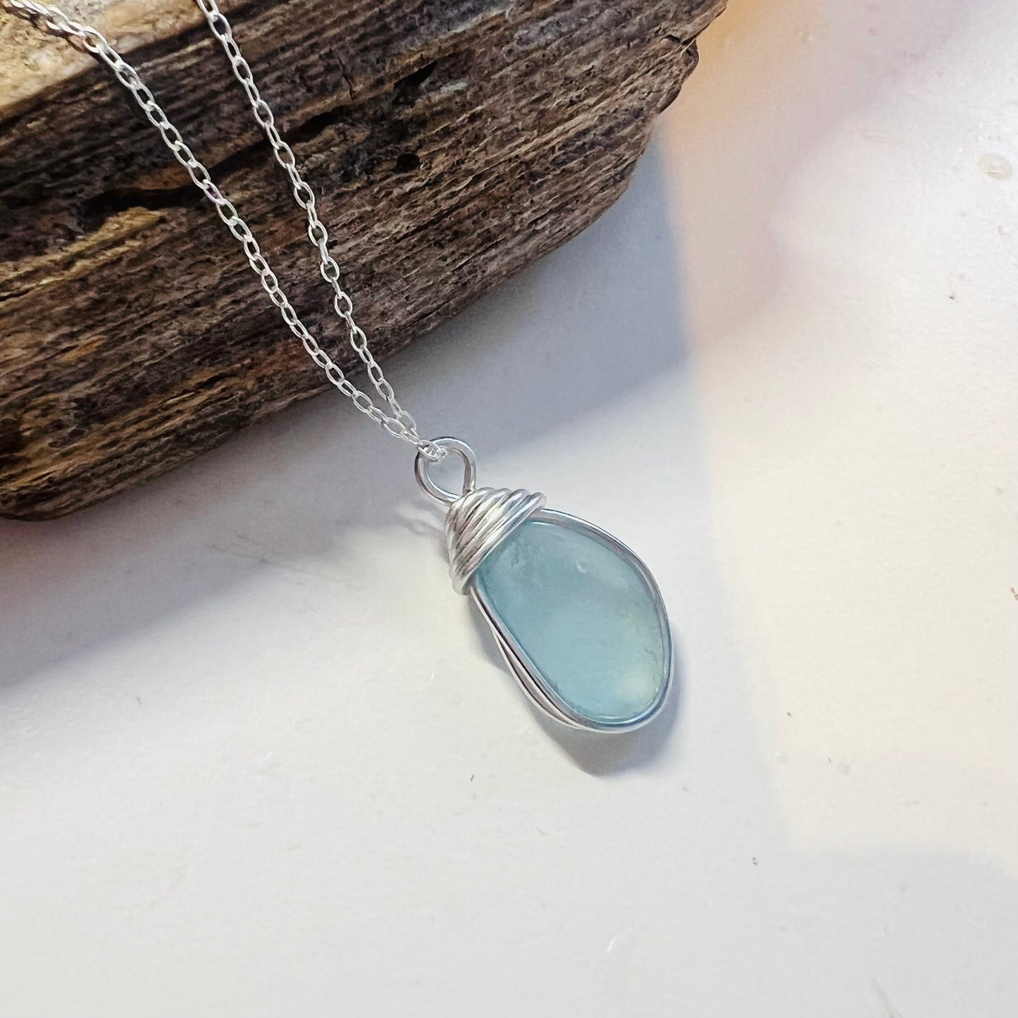 Rare Pale Blue Seaham Sea Glass Pendant