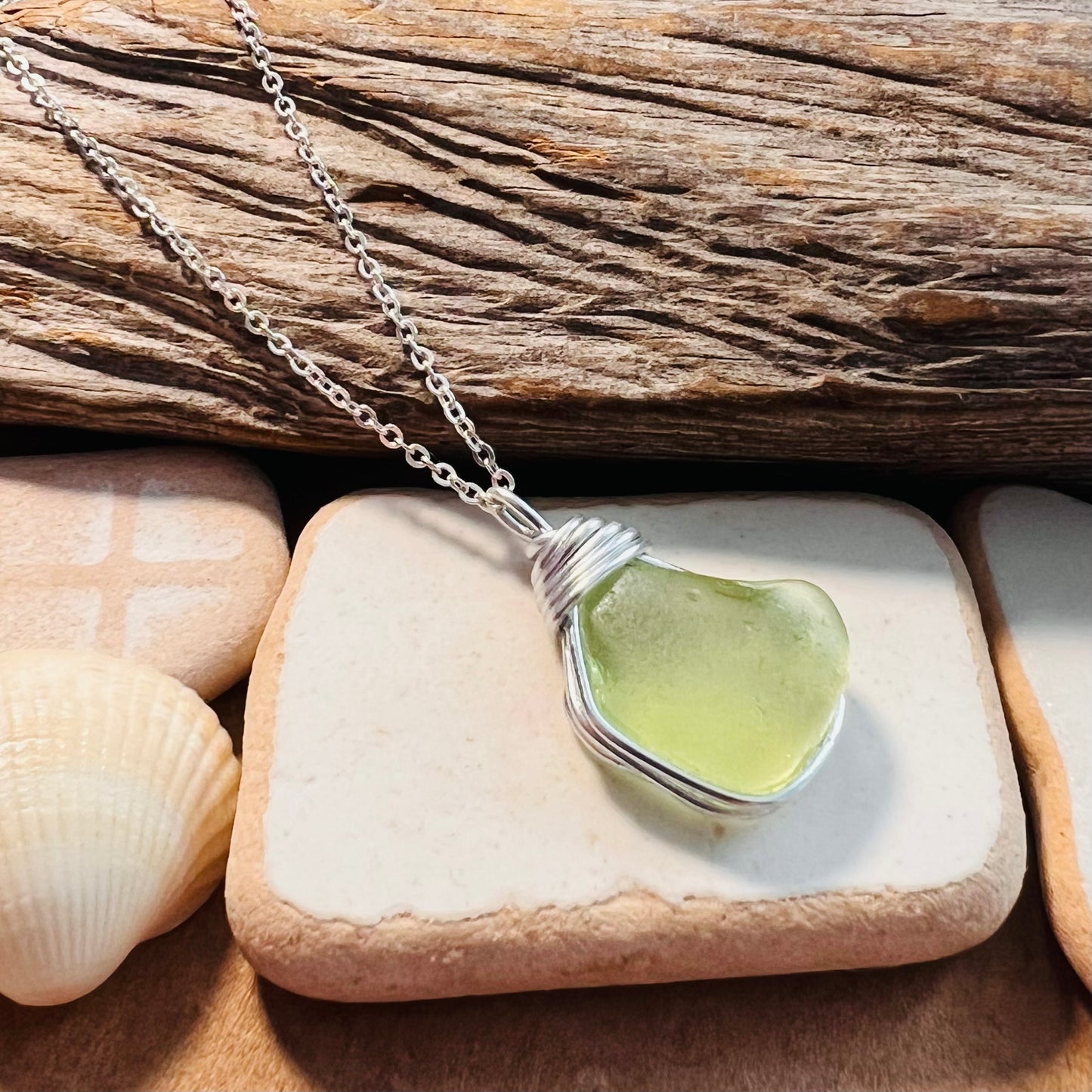 Rare Lime Green Seaham Sea Glass Pendant
