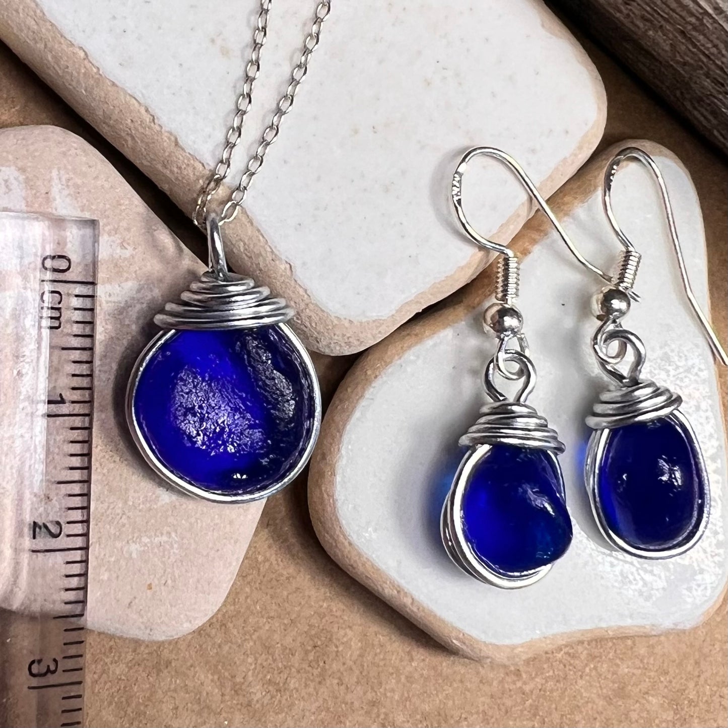 Deep Blue Seaham Sea Glass Jewellery Set