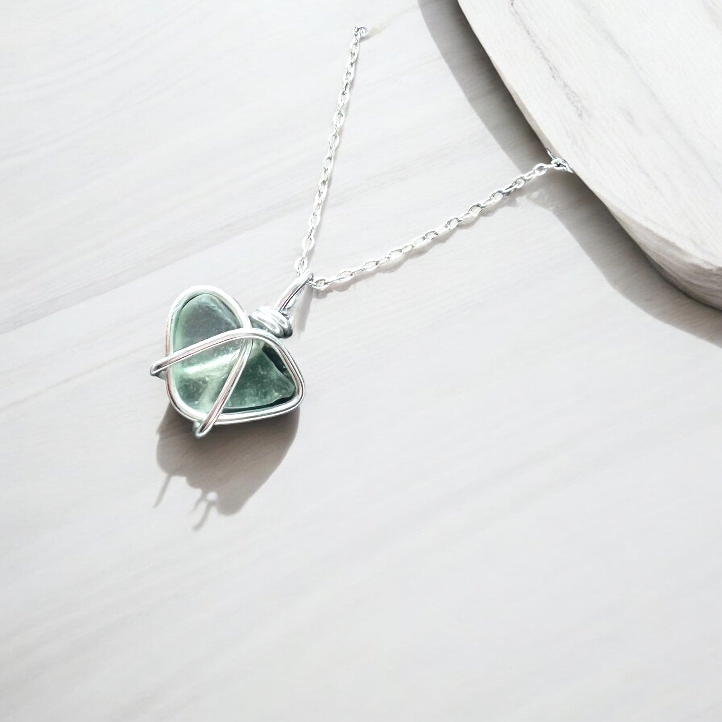 Pale Green Cornish Sea Glass Heart Pendant