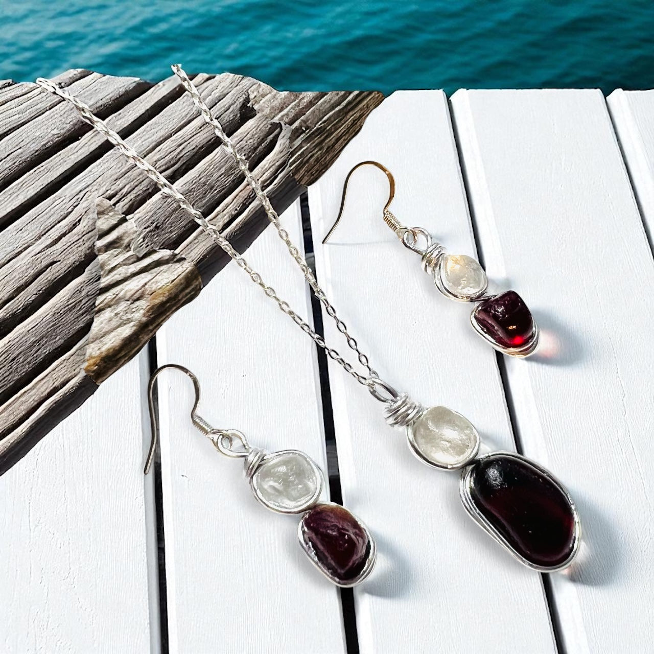 Burgundy Red and White Seaham Sea Glass Jewellery Set
