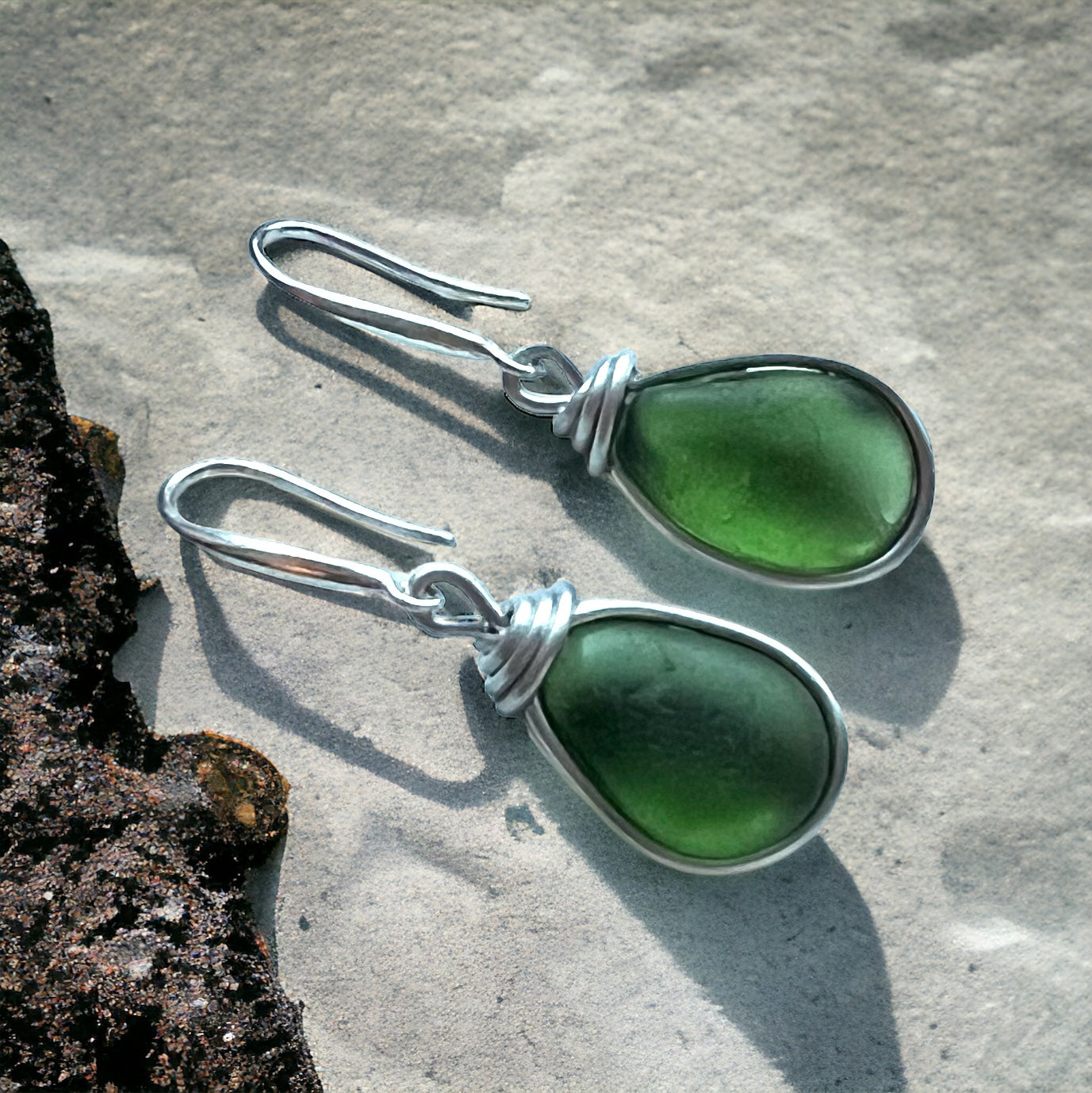 Dark Green Cornish Sea Glass Earrings