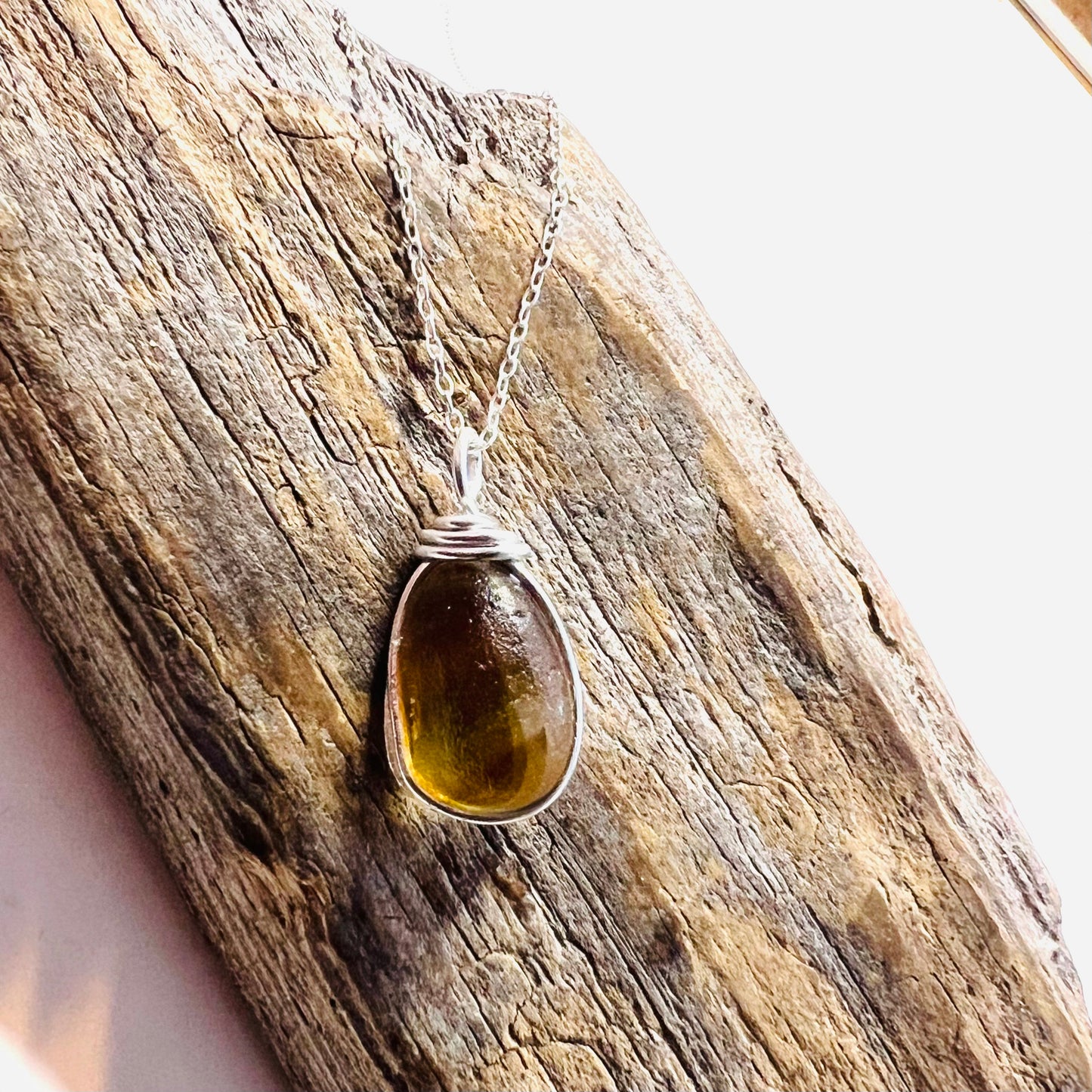 Yellow and Brown Seaham Sea Glass Pendant on a 20” Sterling Silver Chain .
