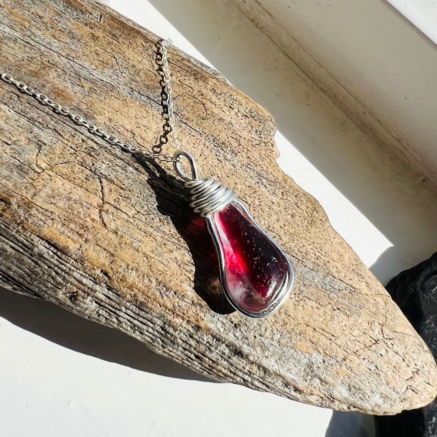 Rare Large Deep Pink/Red Seaham Sea Glass Multi Tone Pendant .
