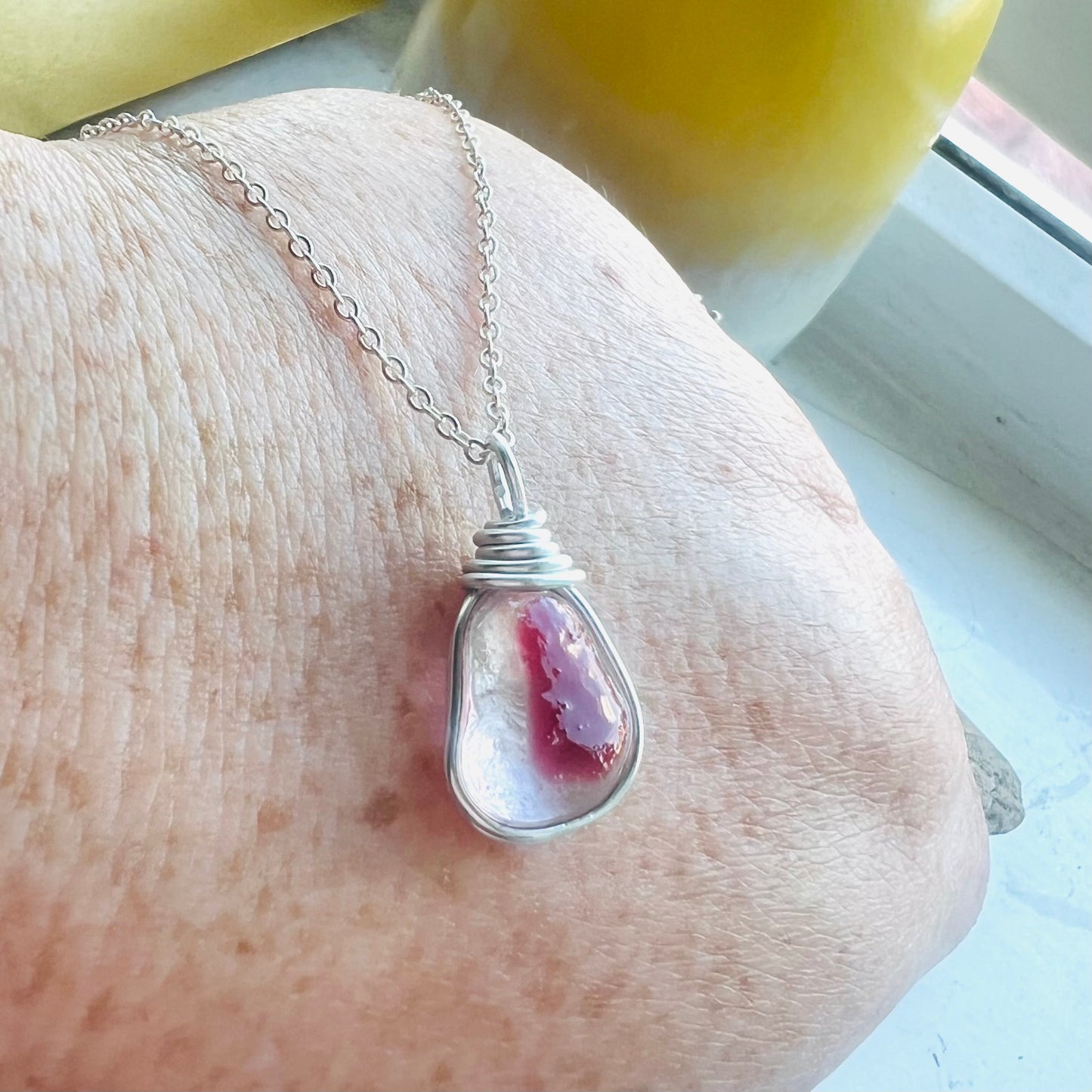 Rare Pink and White Seaham Sea Glass Multi Tone Pendant .