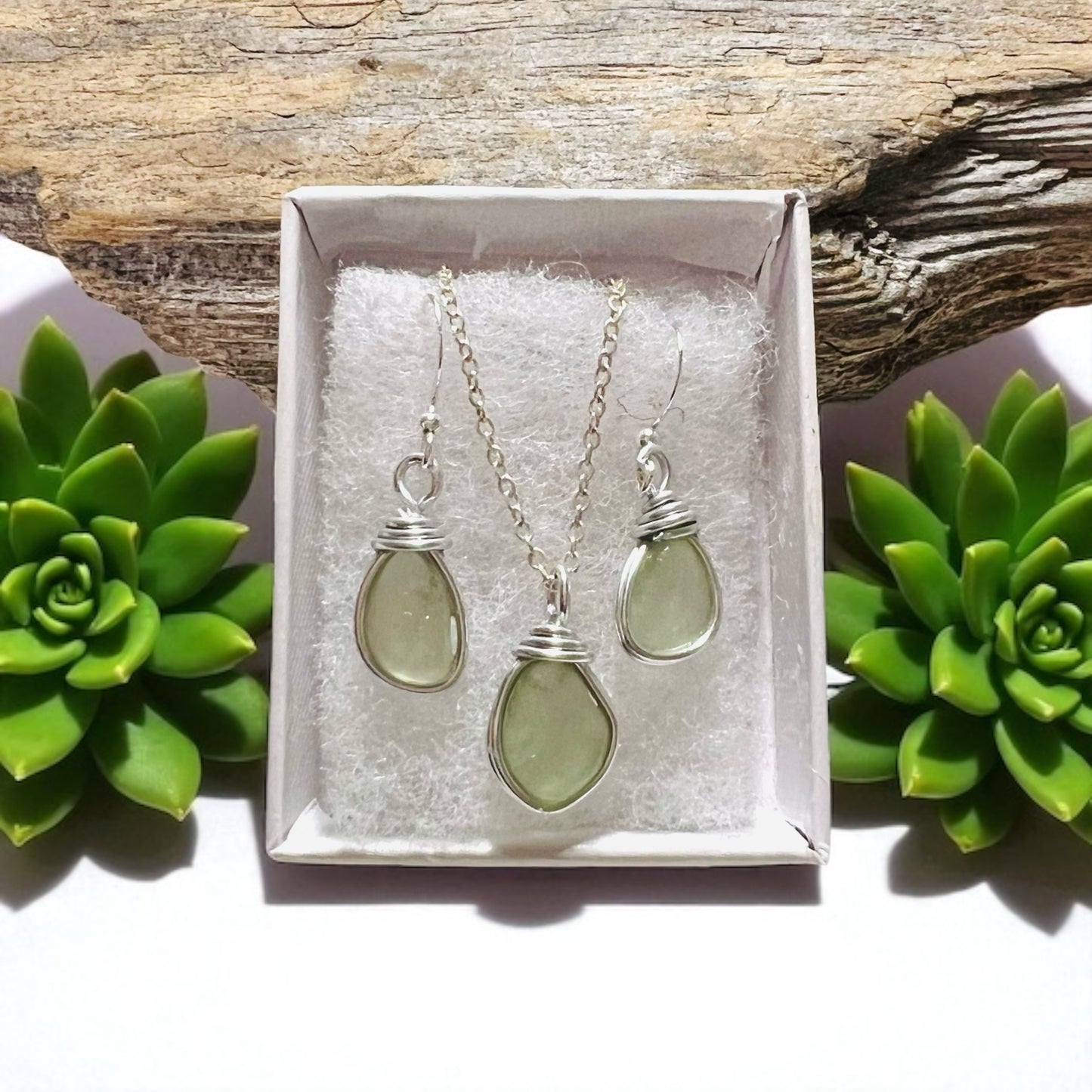 Pale Green Small Sea Glass Jewellery Set